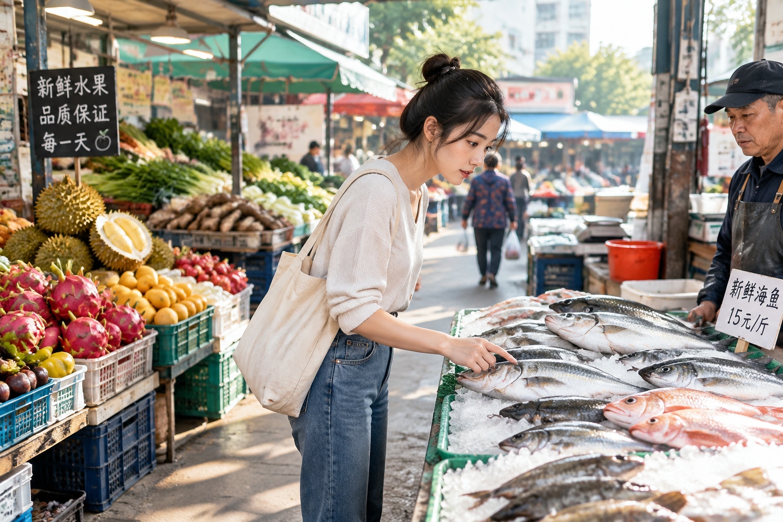 A variety of fresh seafood and organic vegetables displayed for sale at a bustling Chinese morning market