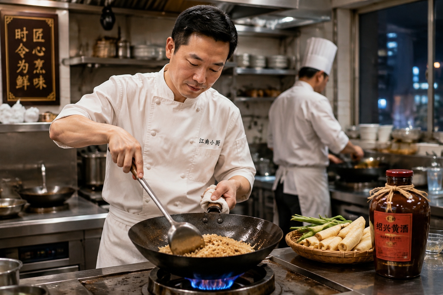 Young chef cooking with traditional yellow wine and bamboo shoots in a Hangzhou kitchen