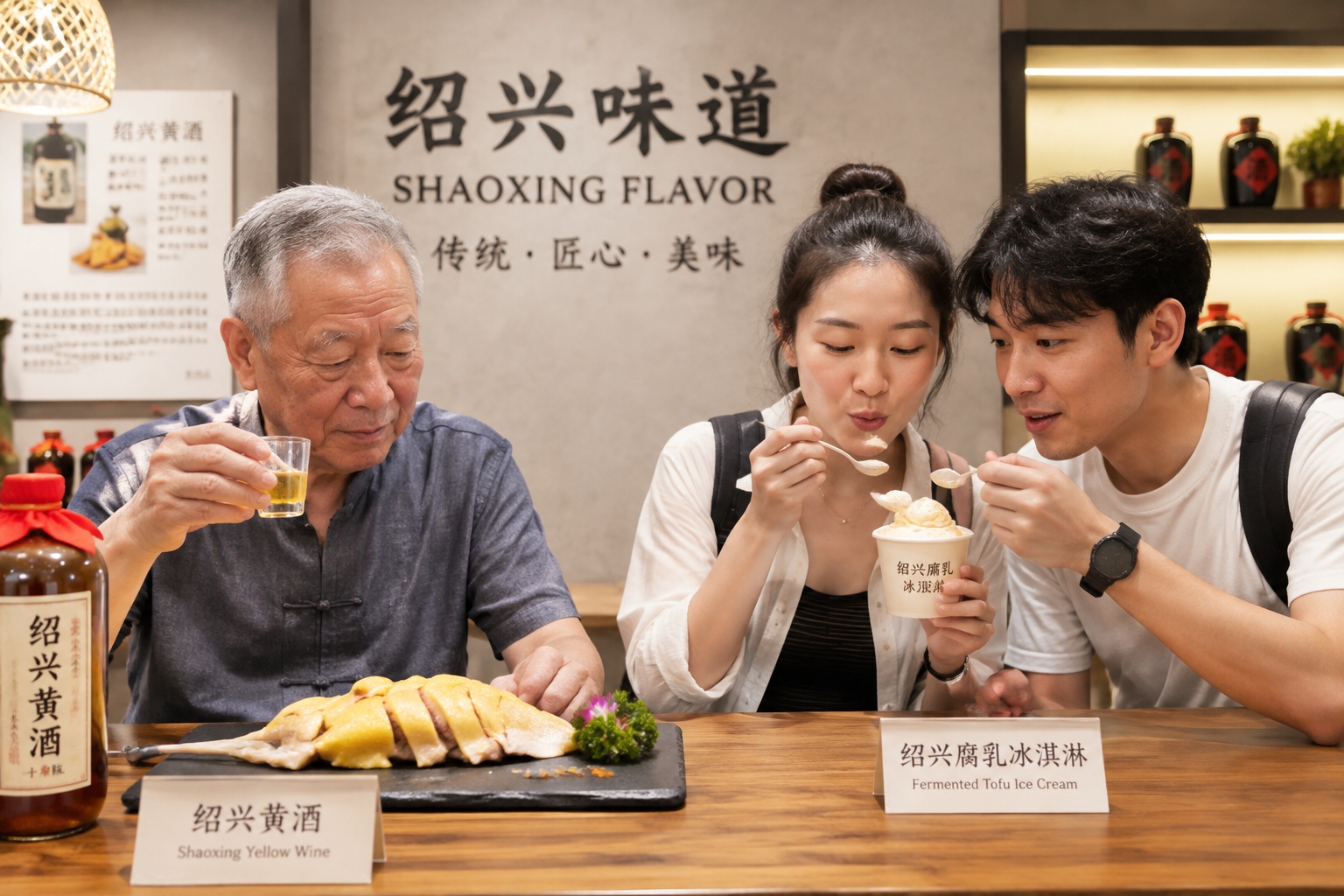 Local Hangzhou elder and young visitors tasting new-style Zhejiang dishes at a restaurant counter