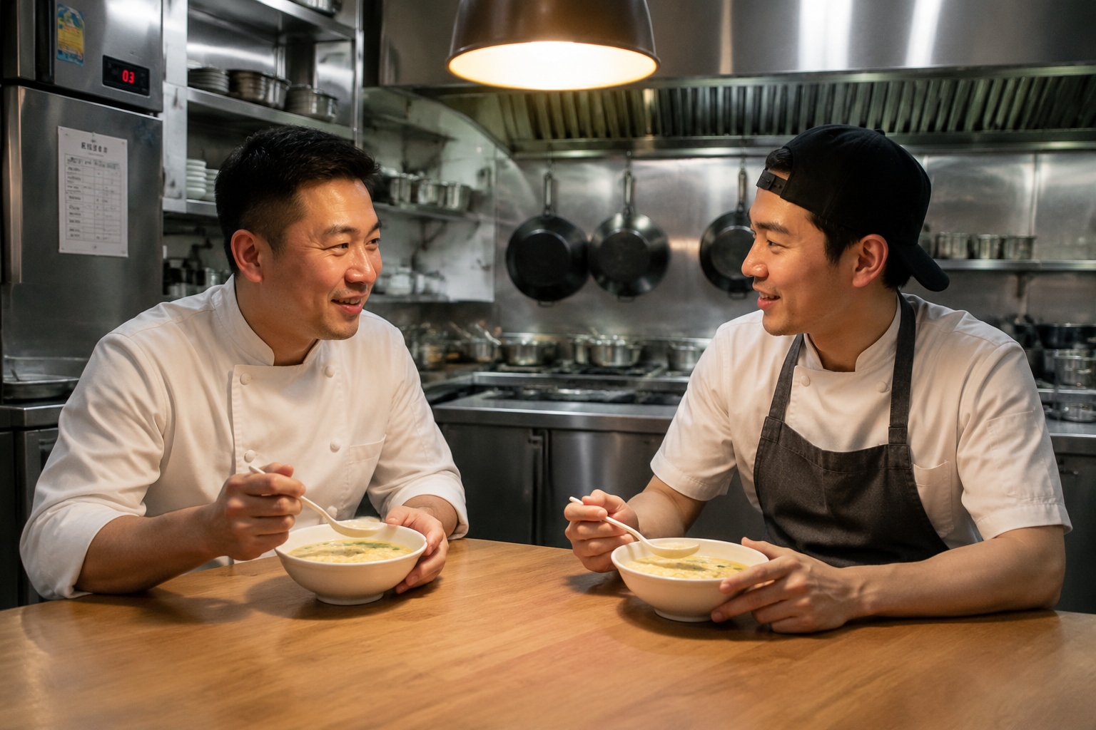 Chef and sous-chef eating a simple late-night meal in a Hangzhou restaurant kitchen