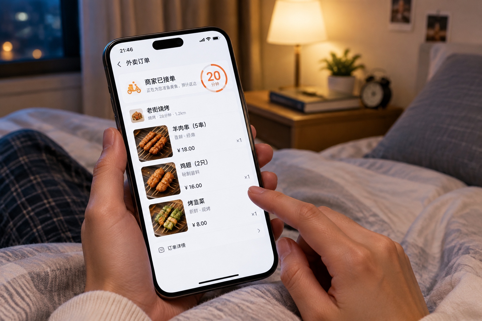 Smartphone displaying a food delivery app countdown timer in a dark bedroom at night