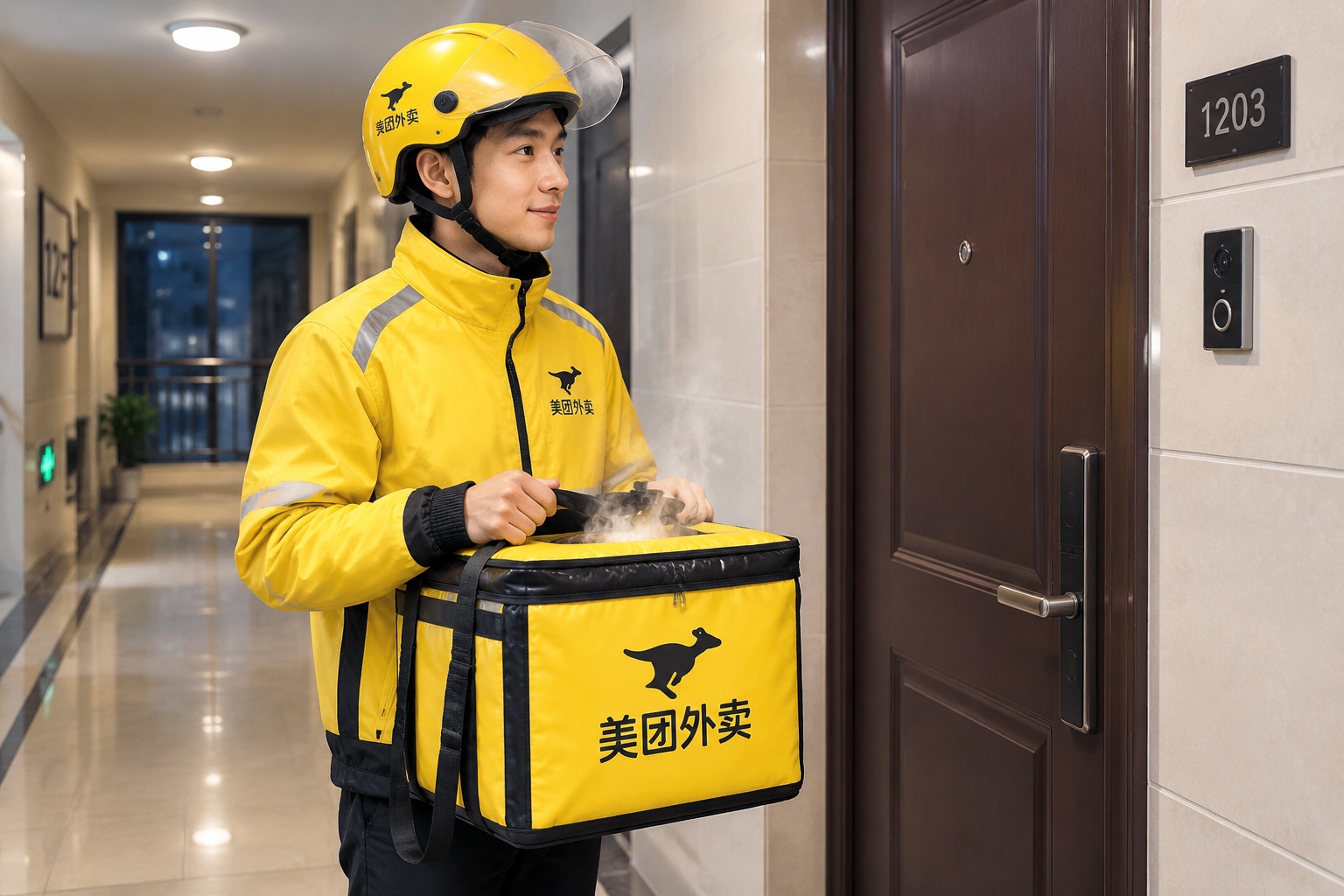 Delivery rider in yellow uniform handing a hot meal to a resident at an apartment door at 2 AM
