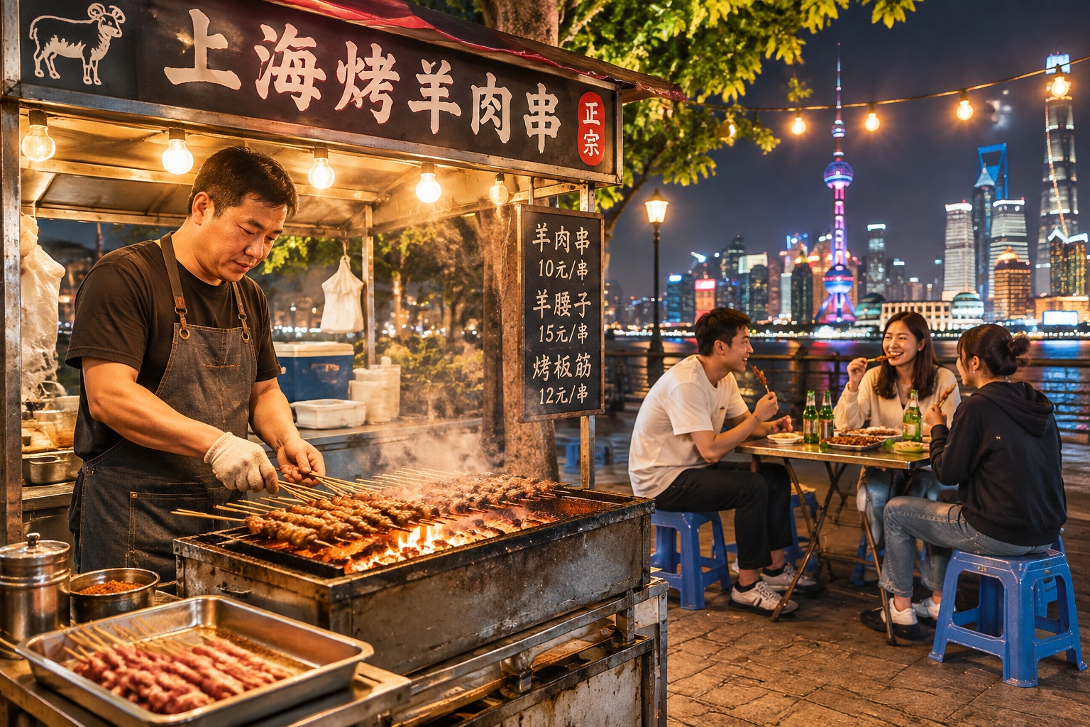Vendor grilling lamb skewers at a busy street food stall in Shanghai at midnight