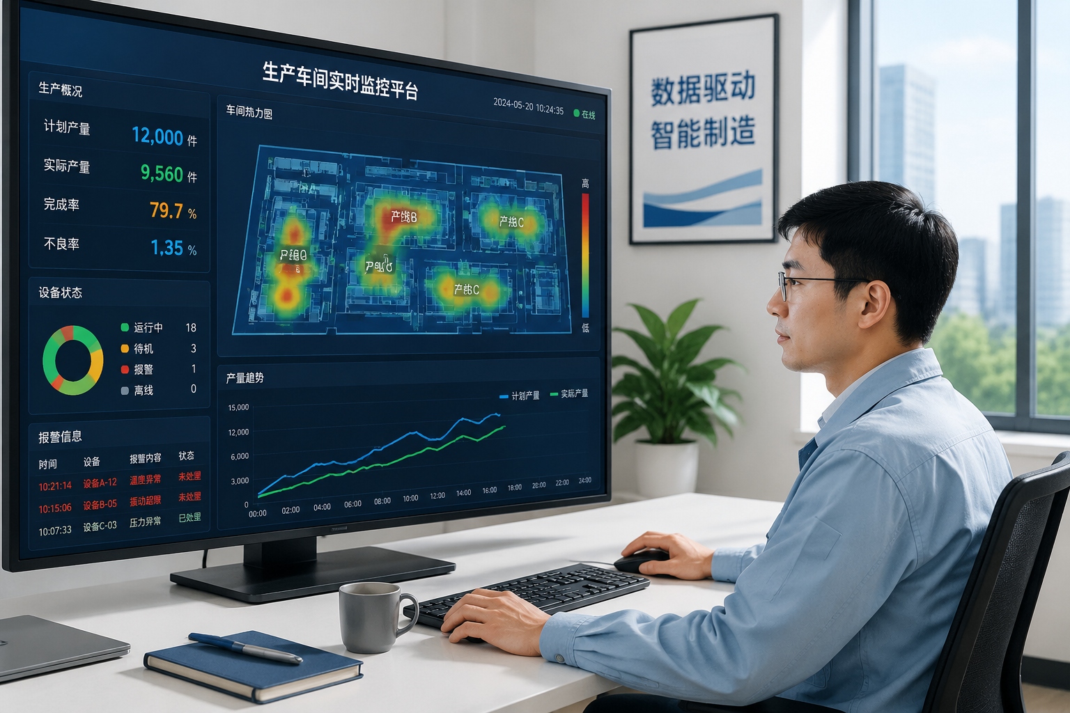 Engineer monitoring automated production line on a large screen in a bright office