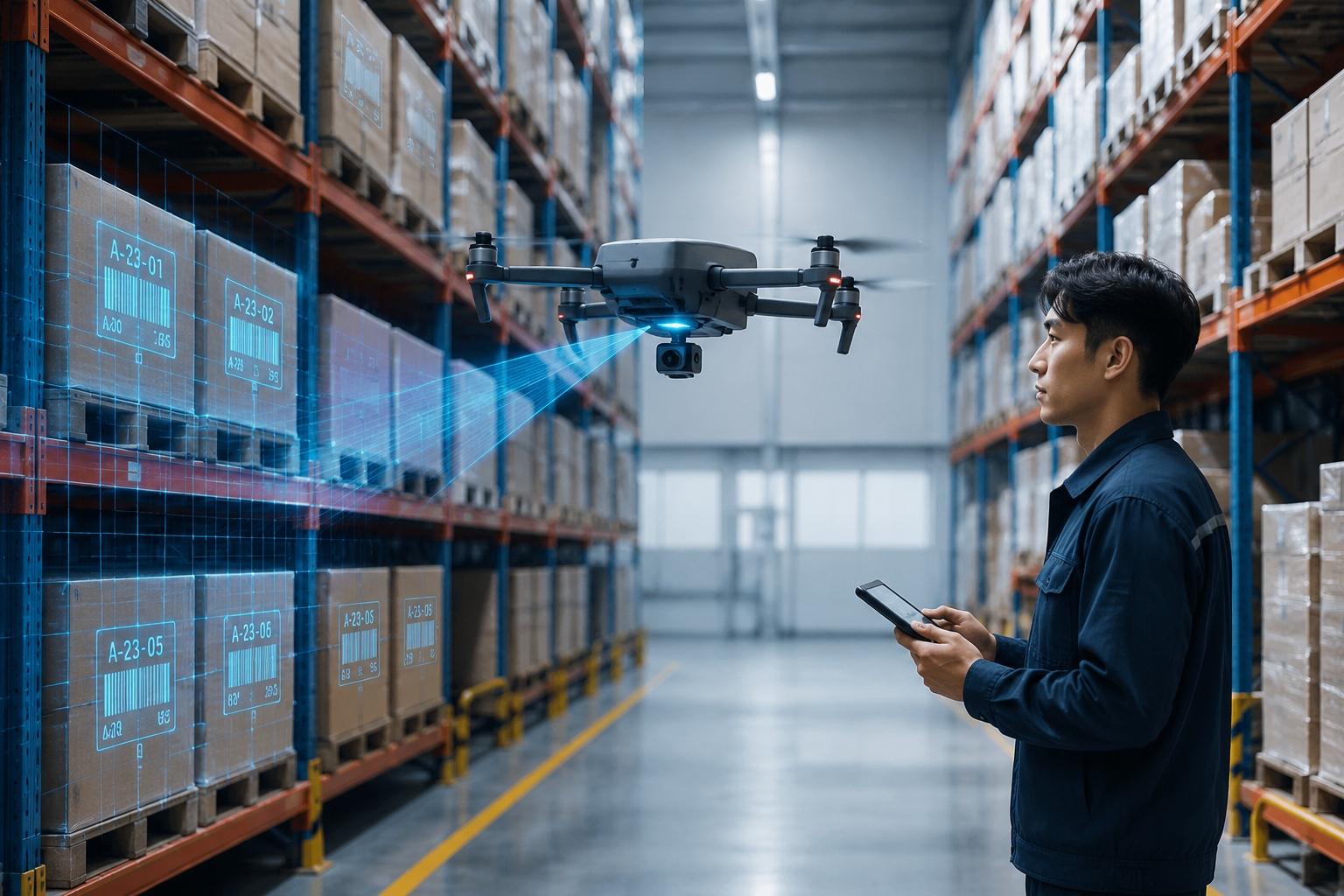 Autonomous drone inspecting inventory in a dark logistics center