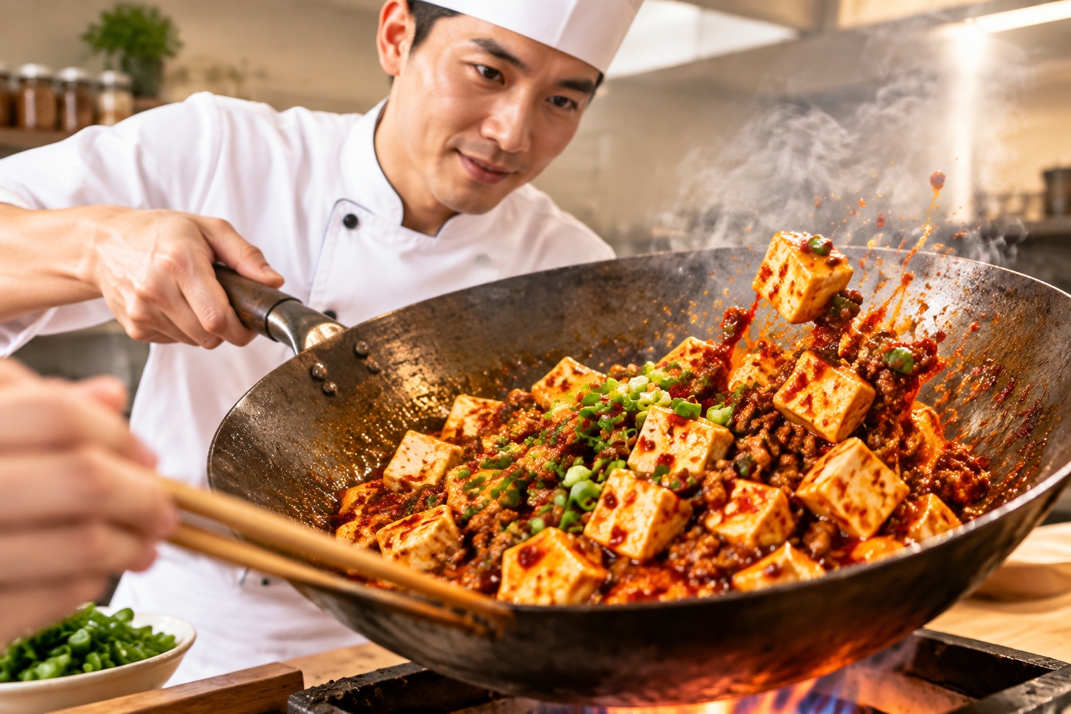 Chef cooking Sichuan Mapo Tofu in a wok with vibrant red chili oil and steam rising