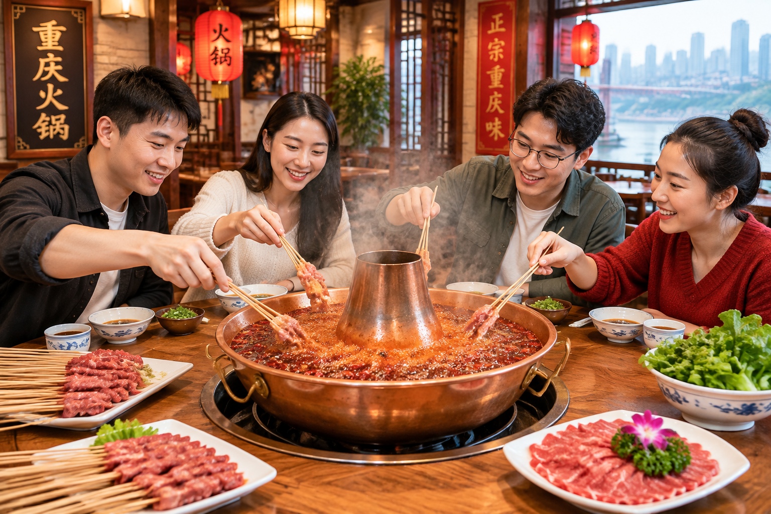 People eating Chongqing hot pot with a large cauldron of bubbling red spicy broth