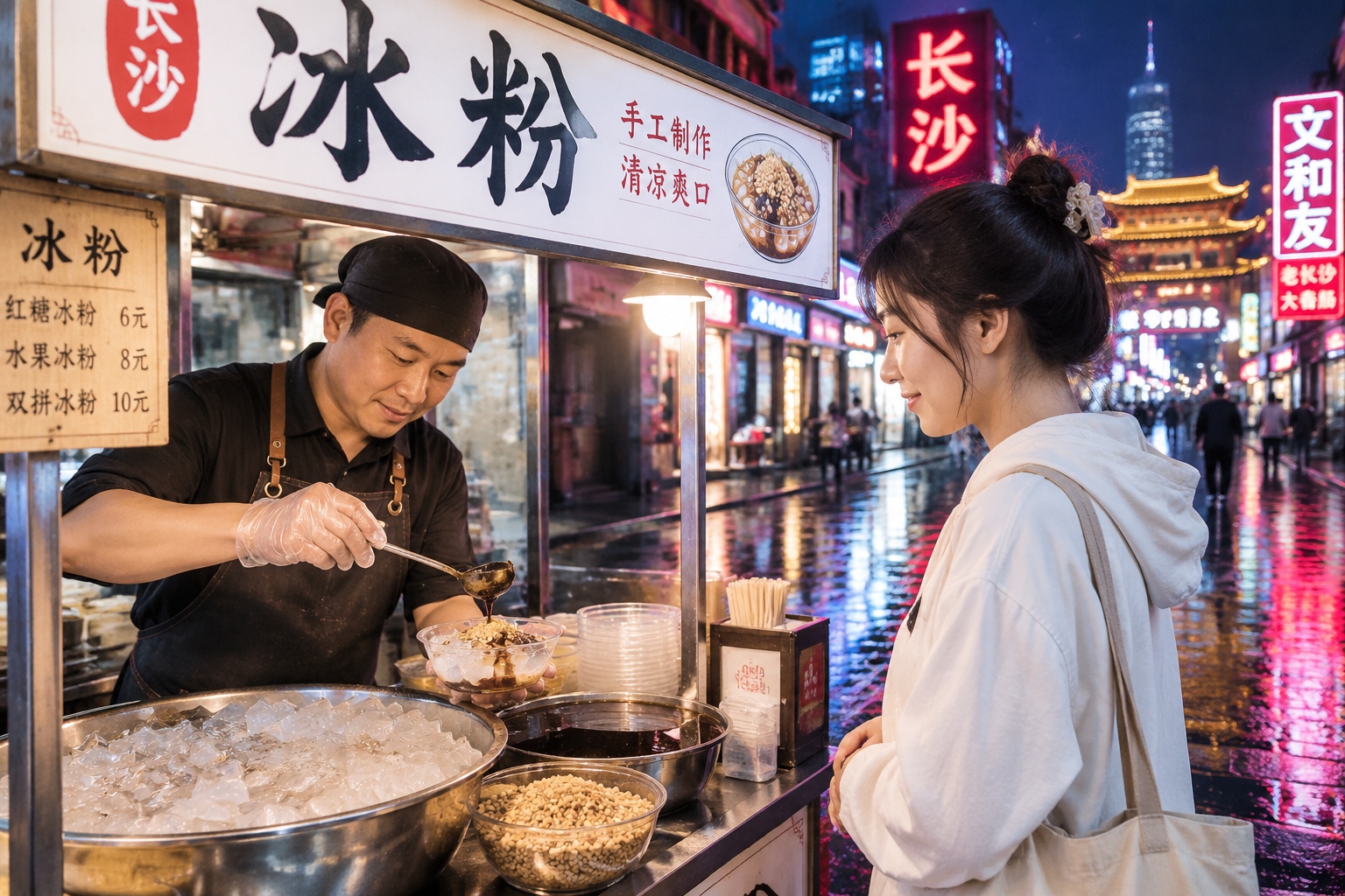 Street vendor serving traditional Chongqing Bingfen ice jelly dessert with toppings