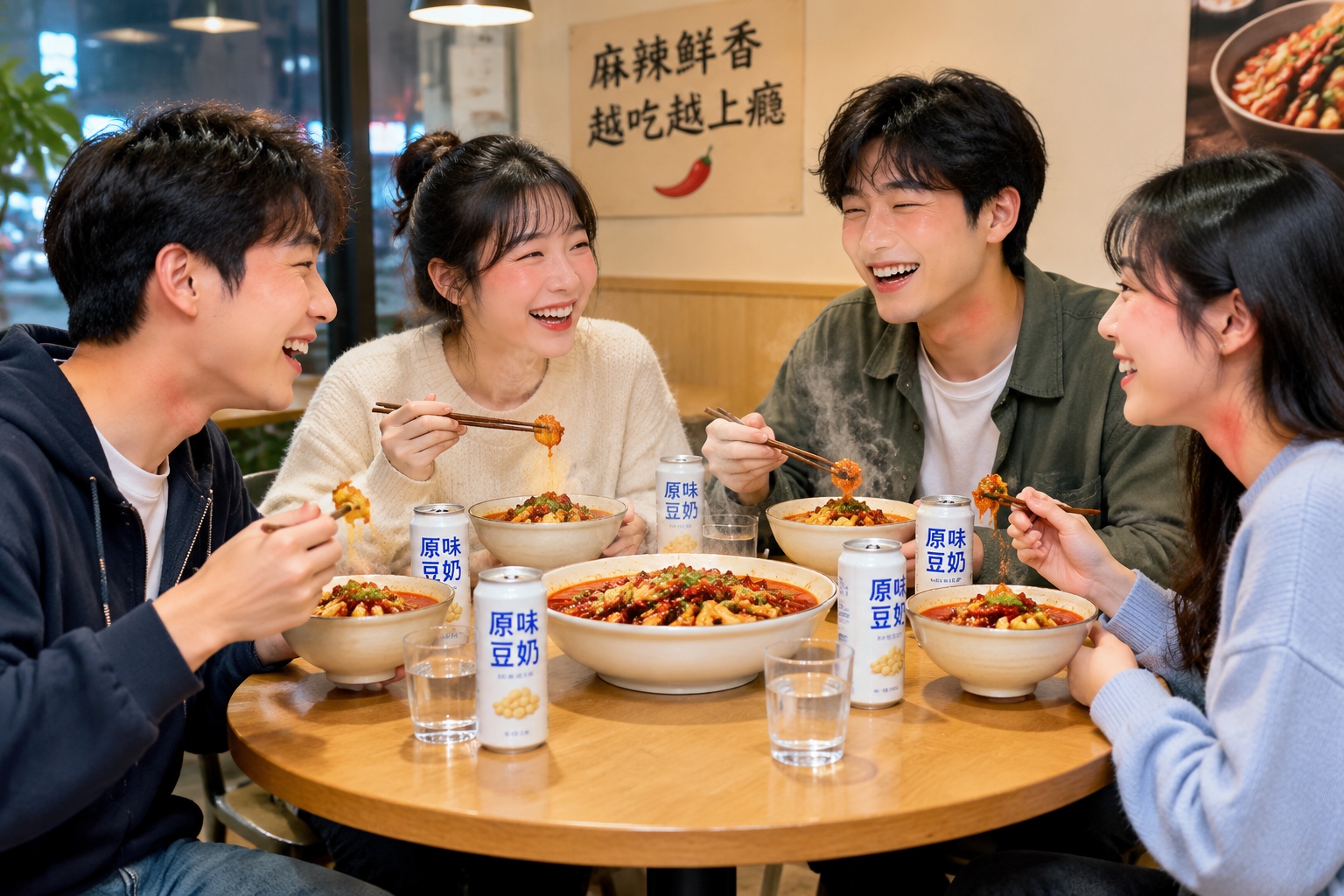 Young people enjoying spicy street food together in a lively night market setting