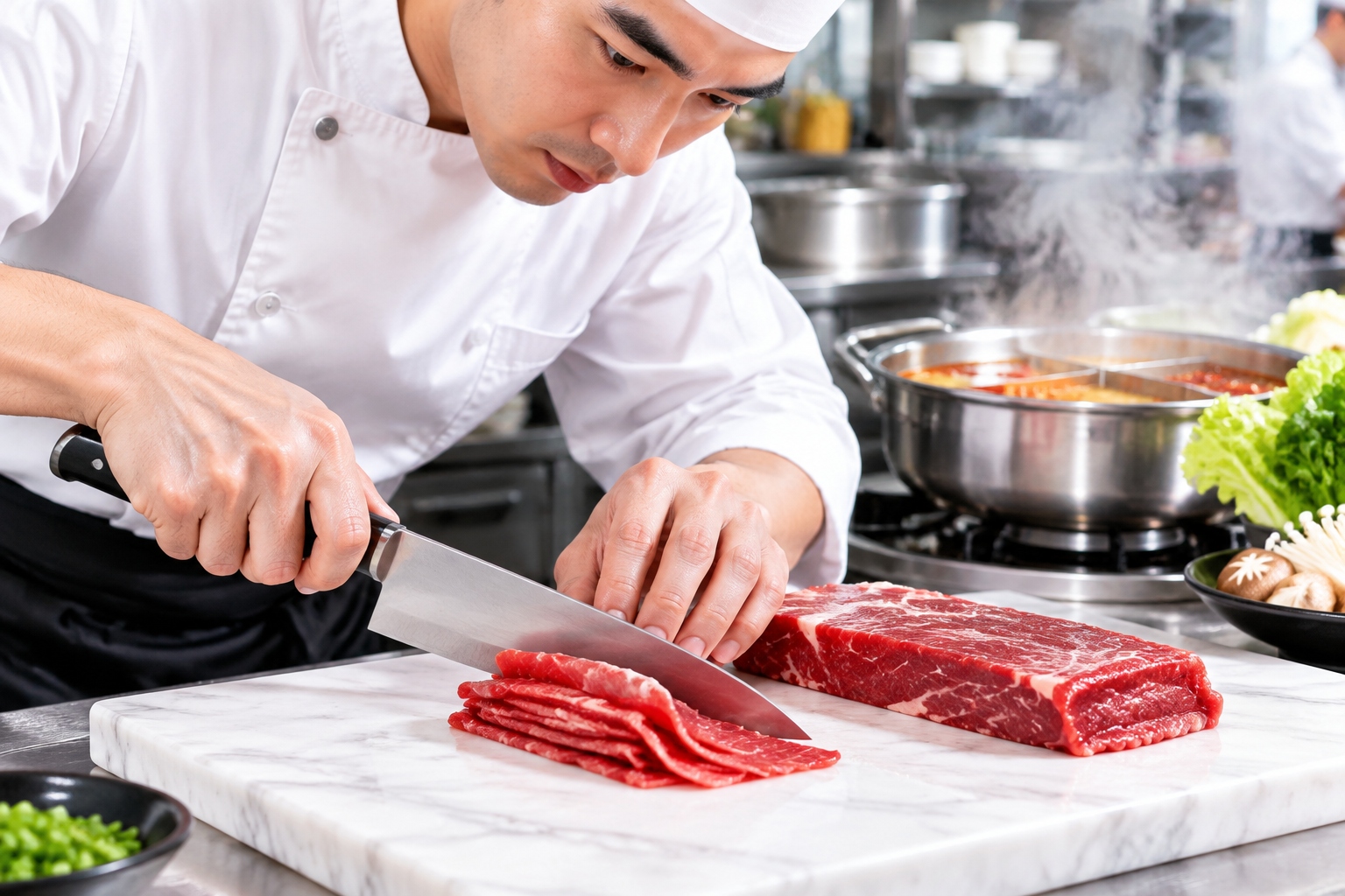 Chaoshan Beef Hotpot: Where Freshness Is Strictly Measured in Seconds 22 A chef slicing fresh raw beef thinly on a marble counter in a Chaoshan hotpot restaurant