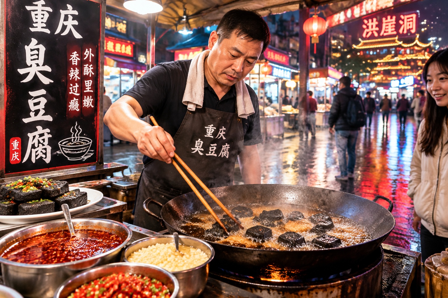 Vendor deep frying black stinky tofu in a bustling Chinese street food market at night