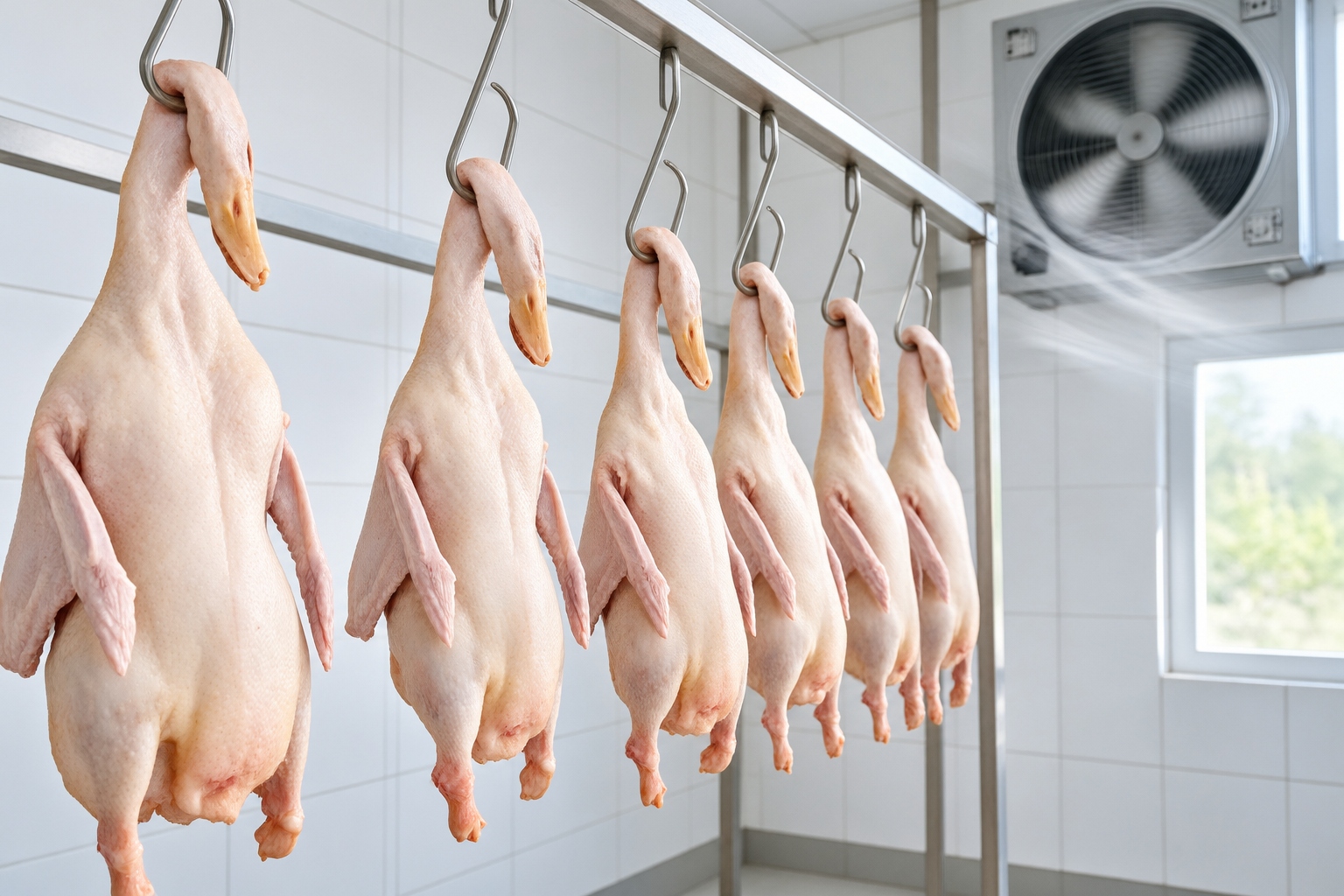Raw ducks hanging on metal hooks in a traditional Chinese wind-drying room preparing for roasting