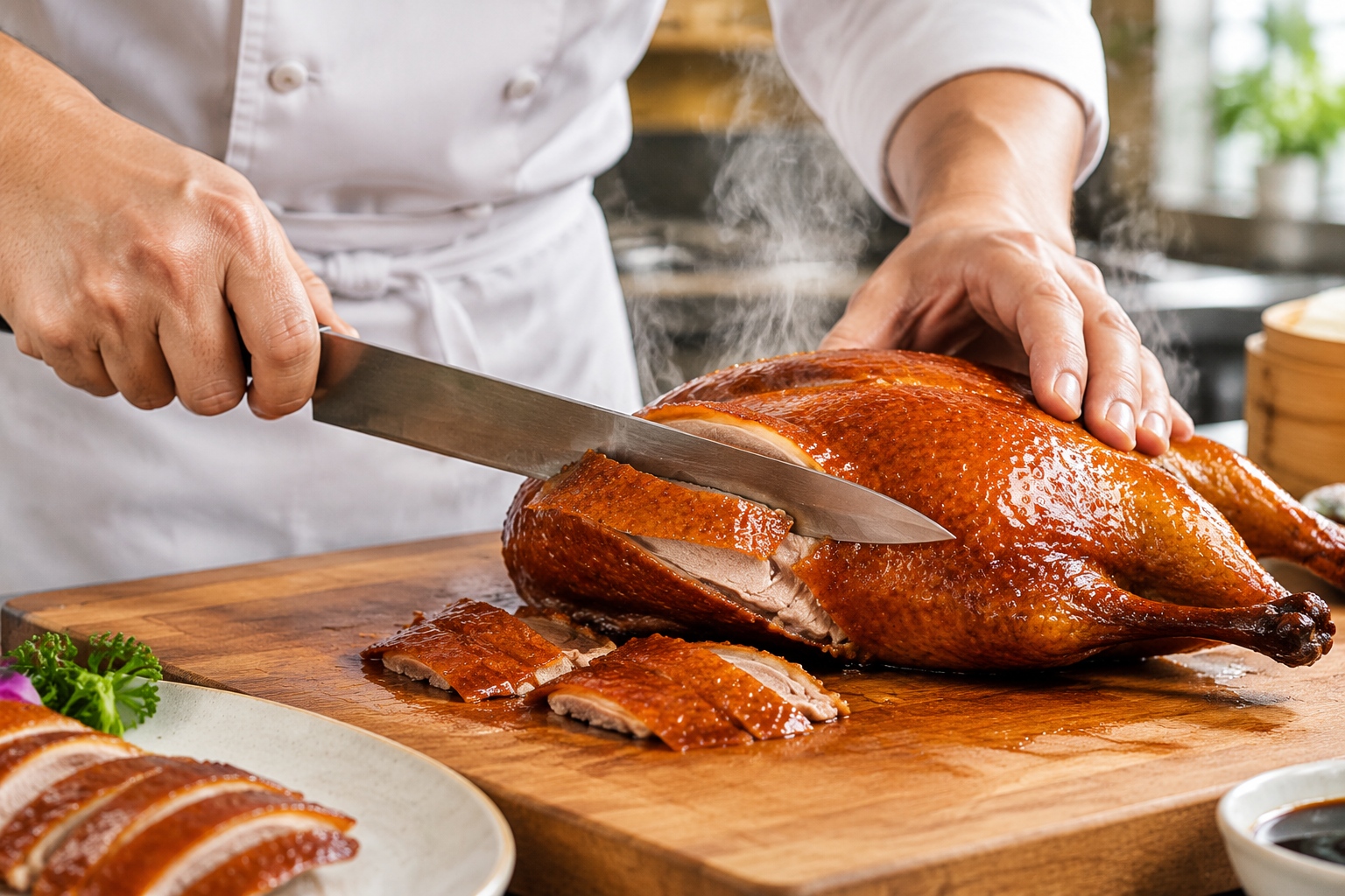 Close-up of a chef slicing crispy Peking duck skin with a traditional sharp knife