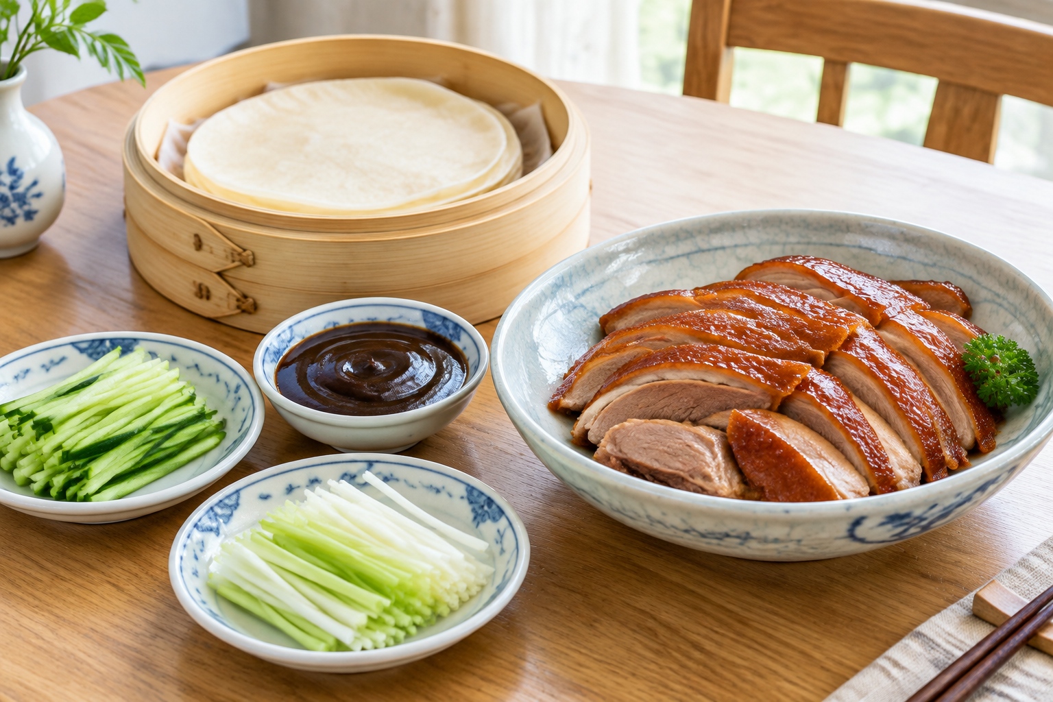 Traditional setup for eating Peking duck with pancakes, sauce, and vegetables on a dining table