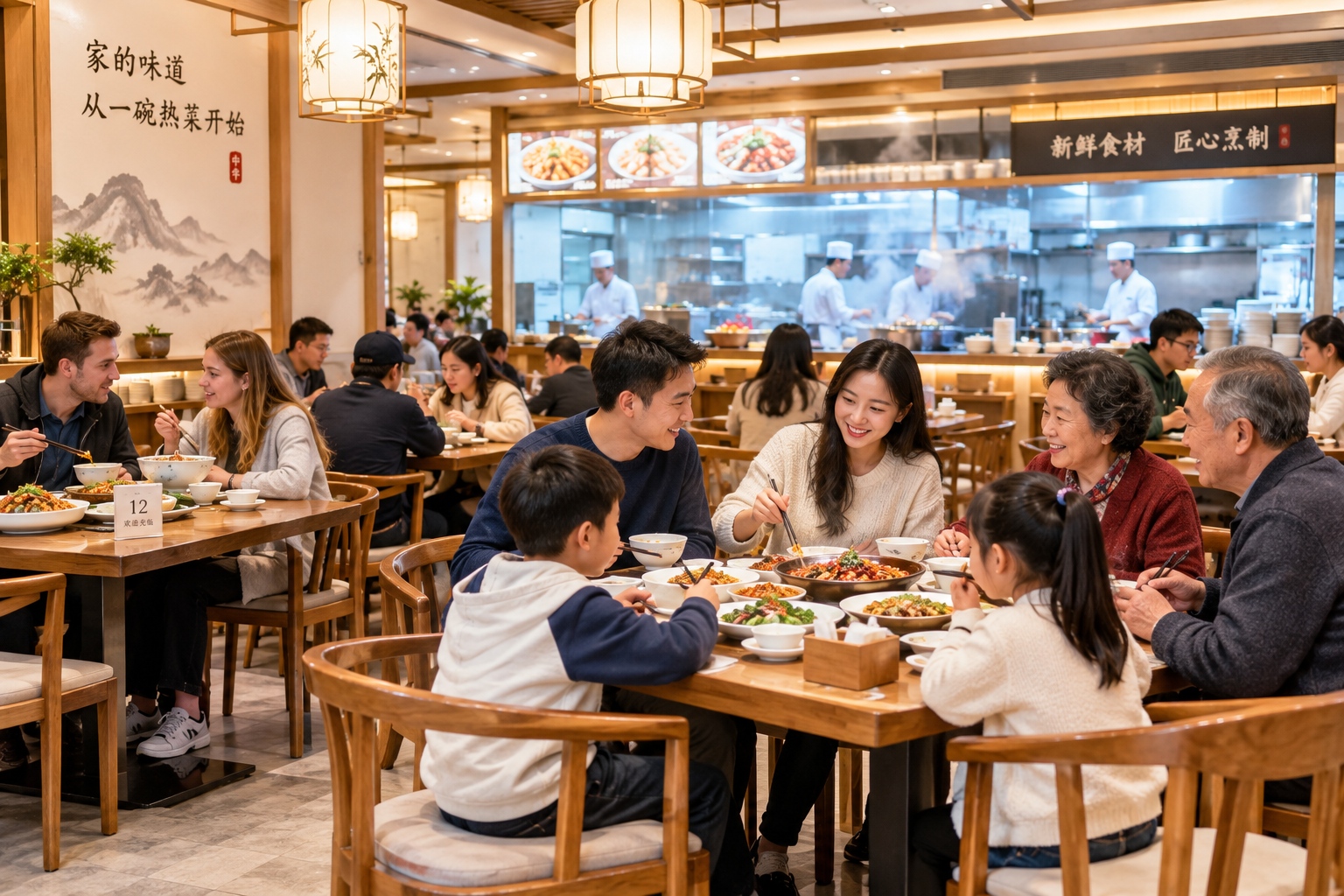 Busy dining room in a Beijing restaurant where people are enjoying traditional meals together