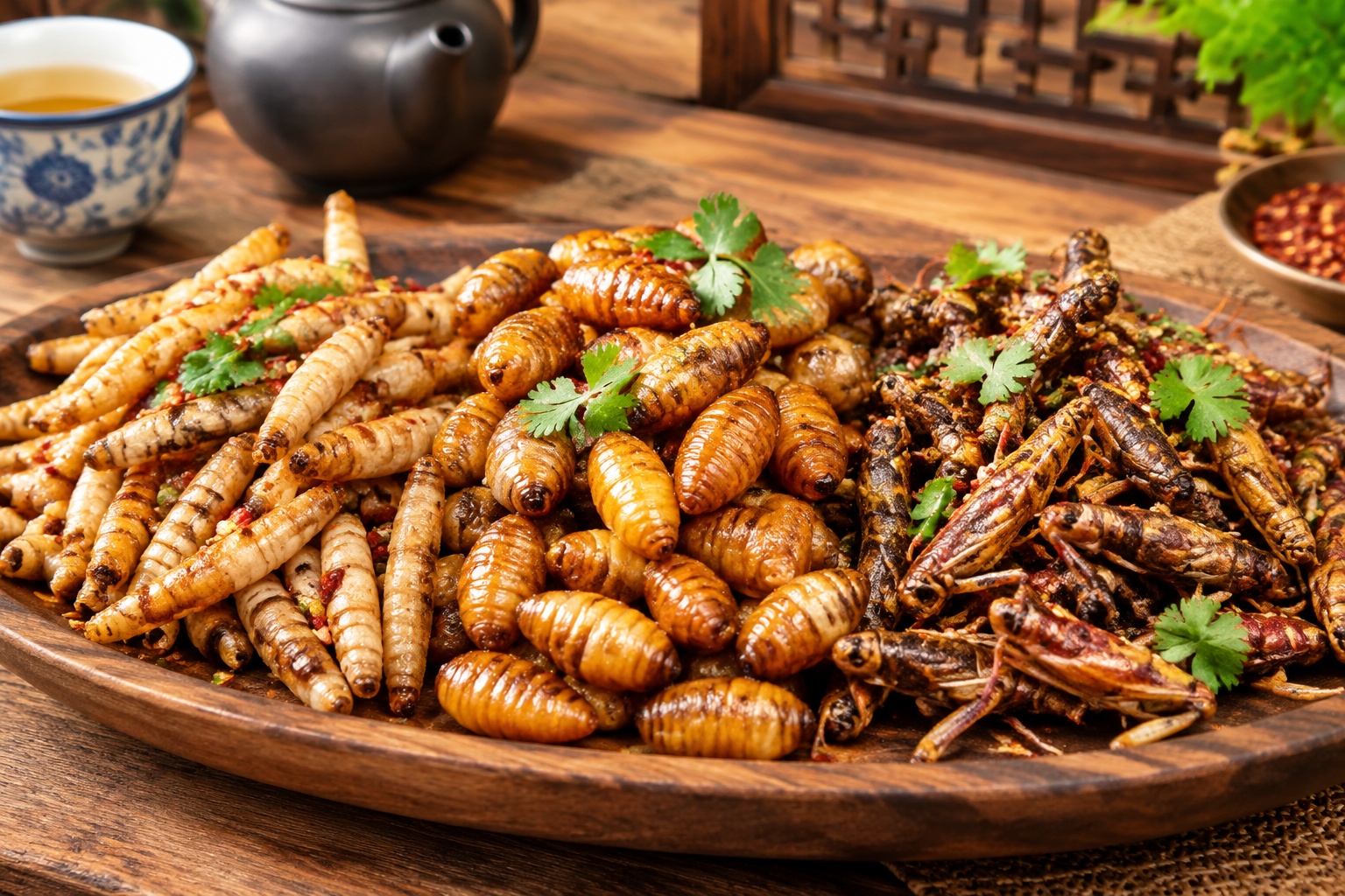 A close-up view of a wooden plate filled with fried edible insects like bamboo worms and grasshoppers served as street food in Yunnan