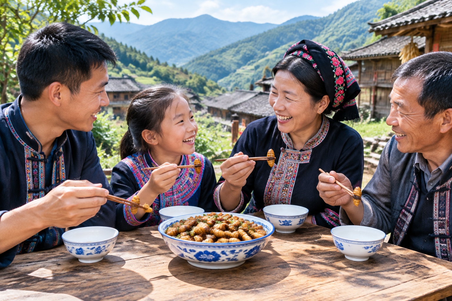 A happy family enjoying fried bee pupae together at an outdoor meal in the countryside of Yunnan province