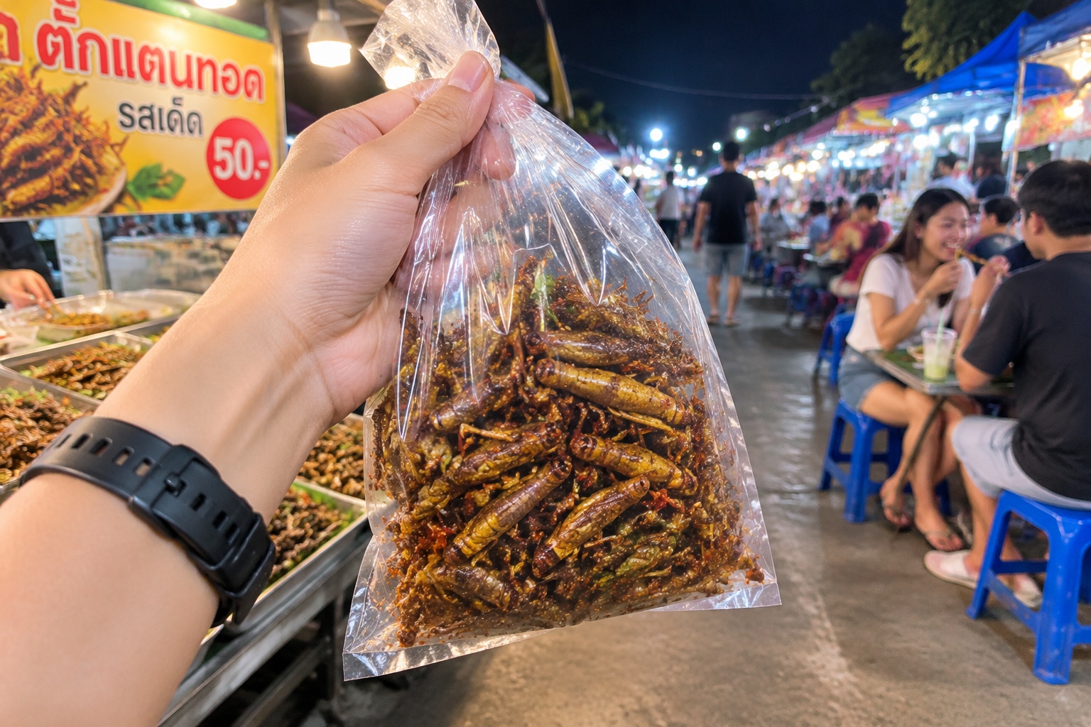 A tourist holding a bag of spicy fried crickets and insects while exploring a Chinese night market