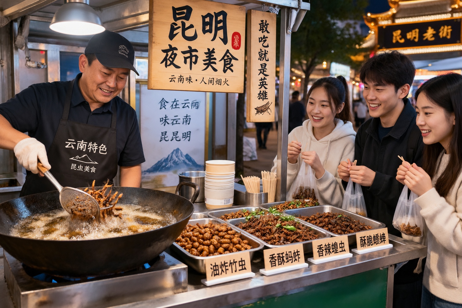 A street vendor frying fresh insects in hot oil at a lively night market in Kunming