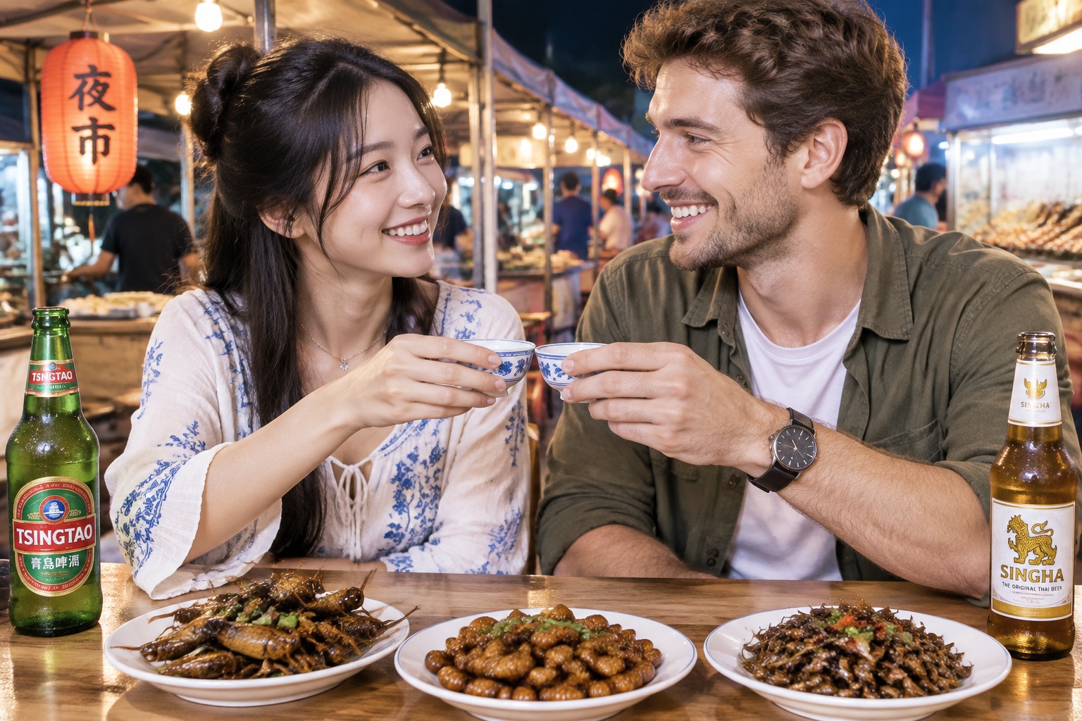 A local person and a tourist sharing a meal and laughing at a Yunnan night market
