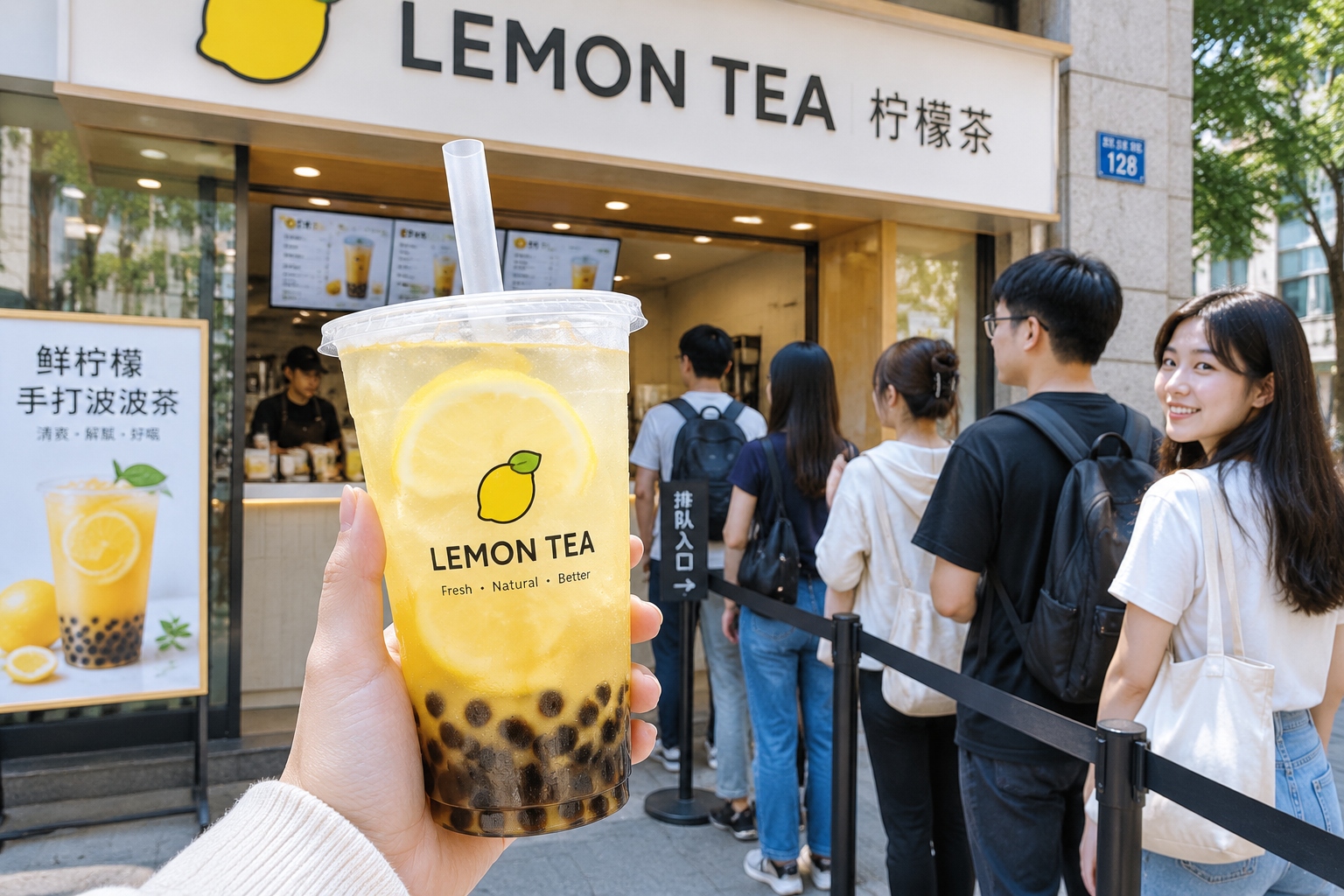 A close-up view of a customer holding a cheap lemon bubble tea cup while standing in line at a busy Chinese street shop