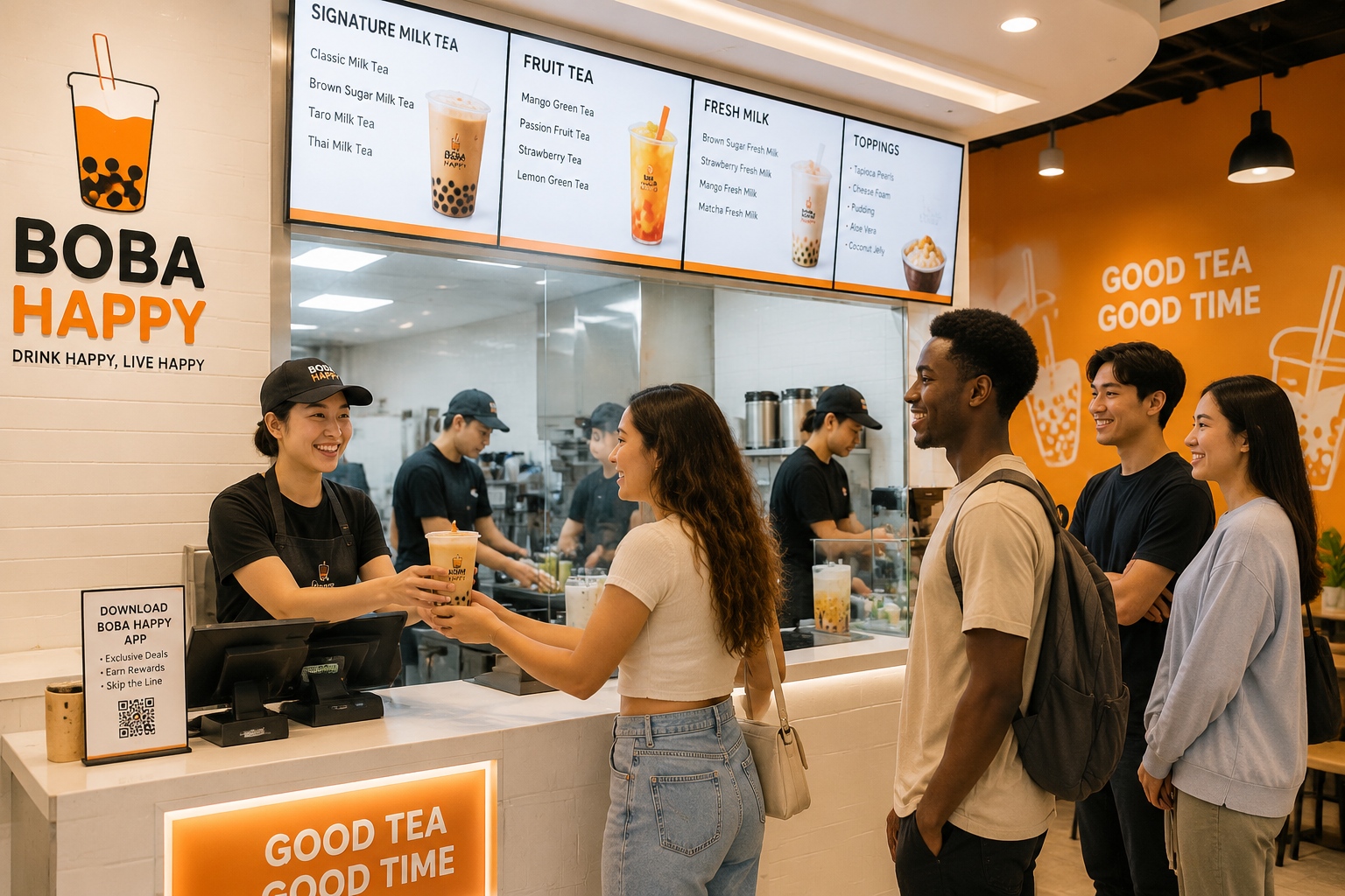 Young customers ordering drinks inside a bustling Chinese bubble tea store with visible production area