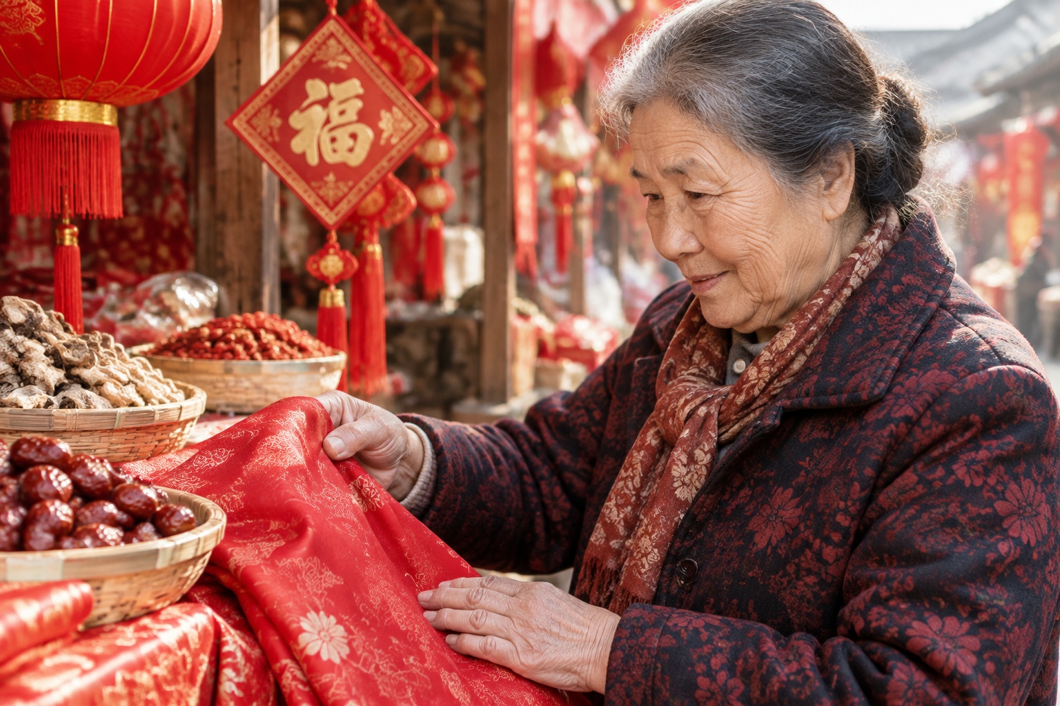 Elderly woman feeling fabric at a traditional Chinese New Year market stall during Spring Festival shopping season