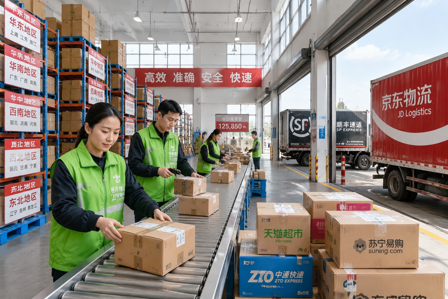 Workers sort parcels at a Chinese e-commerce distribution center, ready for nationwide delivery