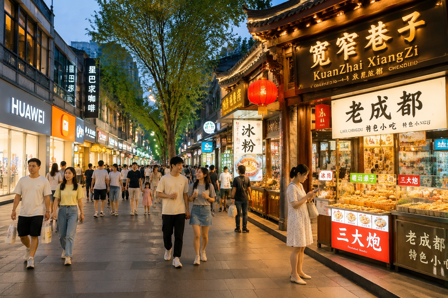 Evening street market in Chengdu mixing local food stalls and modern creative shops