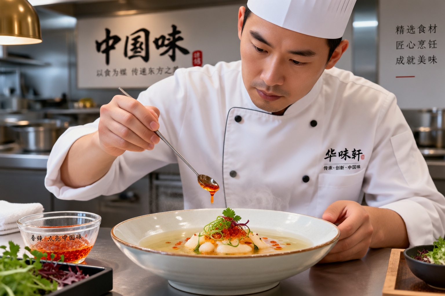 A close-up shot of a modern Chinese chef carefully placing spherified chili oil pearls onto a clear soup bowl in a busy Shanghai restaurant