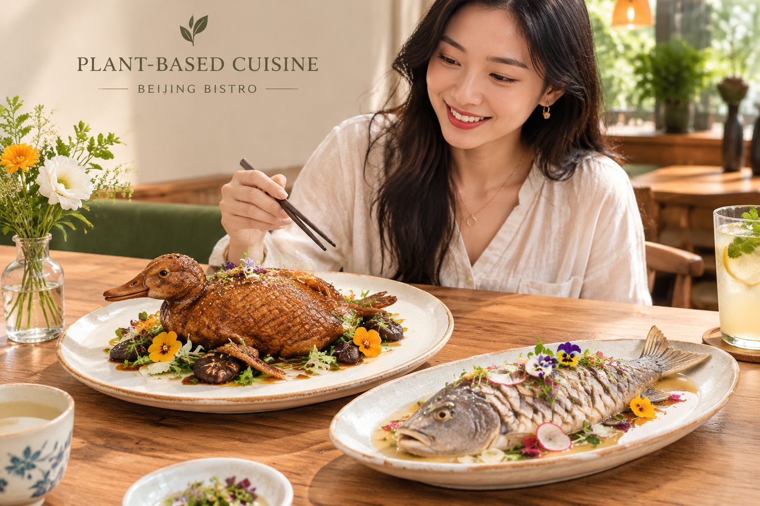 An artistic display of creative vegan dishes resembling meat and fish made from plant ingredients in a modern Chinese restaurant