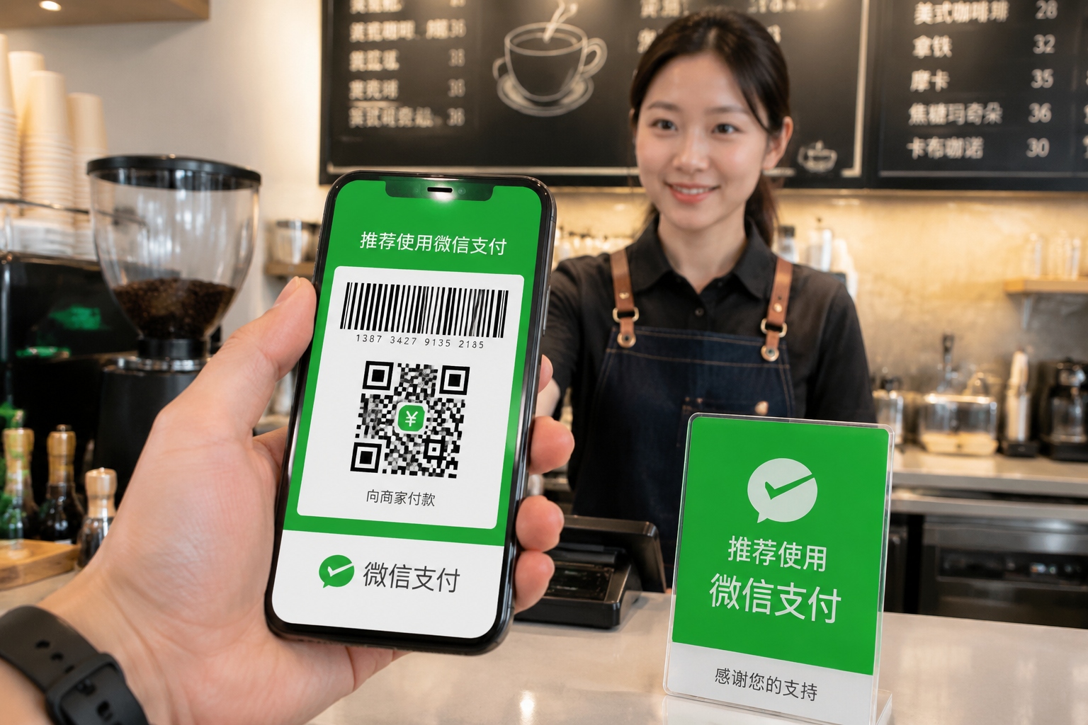 A close-up view of a person scanning a QR code at a coffee shop counter in China using a smartphone