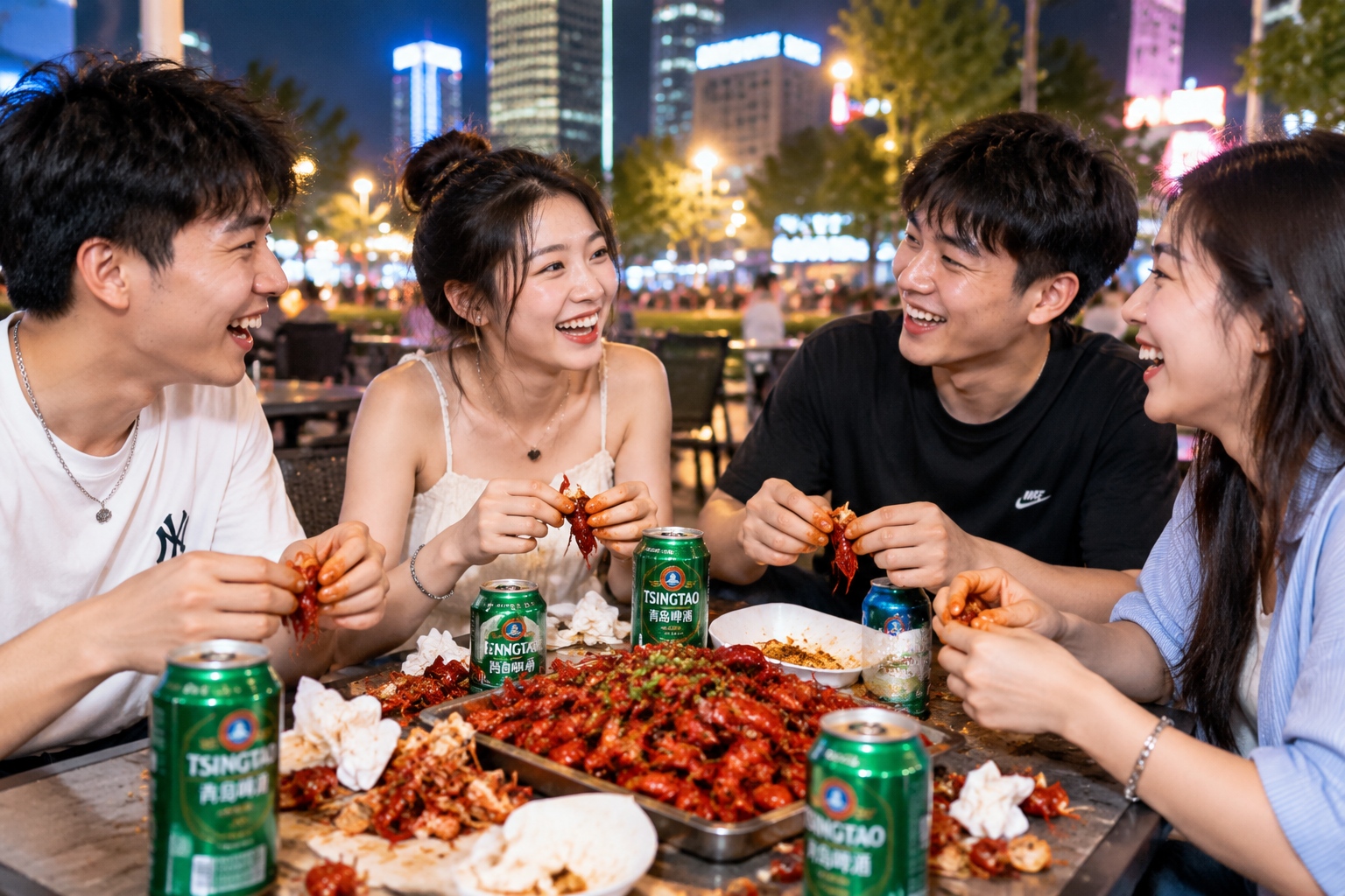 Young friends enjoying a casual meal together outdoors at night, surrounded by beer bottles and the remnants of a crayfish feast