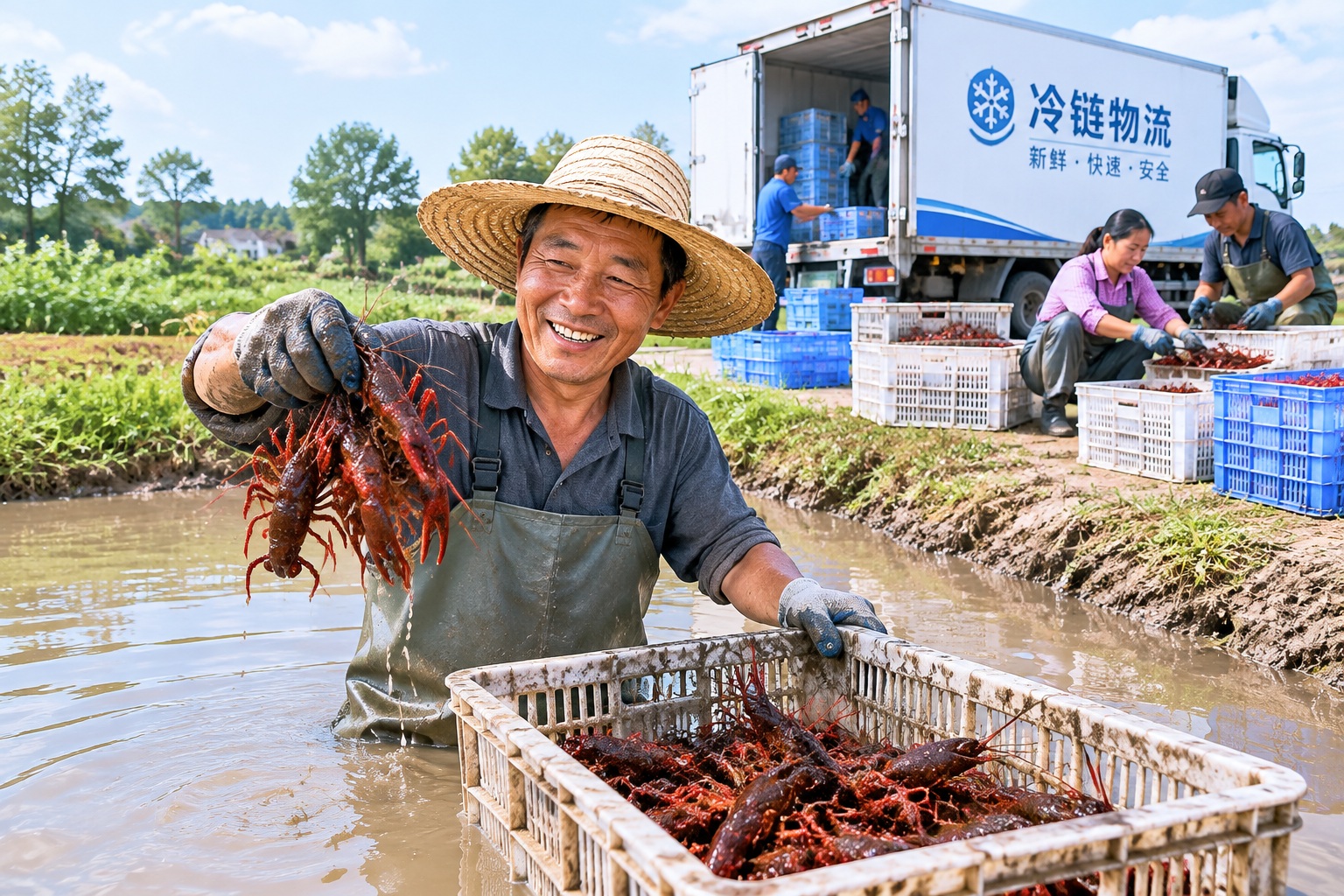 A Chinese farmer collecting freshwater crayfish from a farm pond, illustrating the massive supply chain behind the summer craze