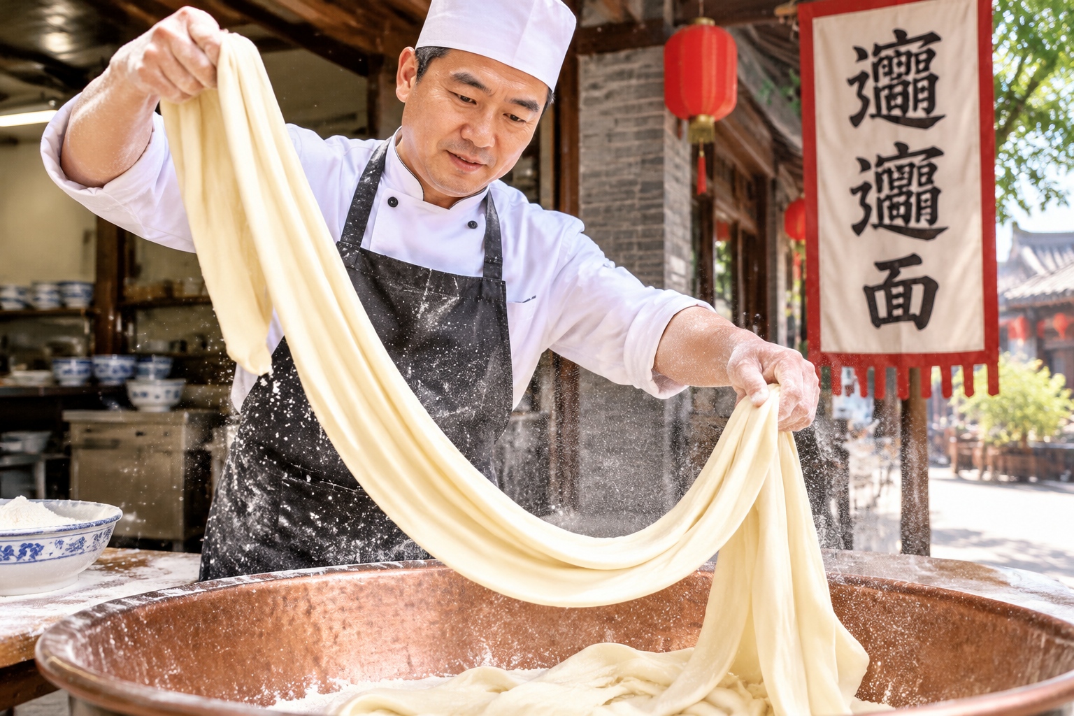 A close-up view of a chef stretching and pulling massive, belt-width noodles over a copper bowl in a traditional Chinese restaurant kitchen in Xi'an.
