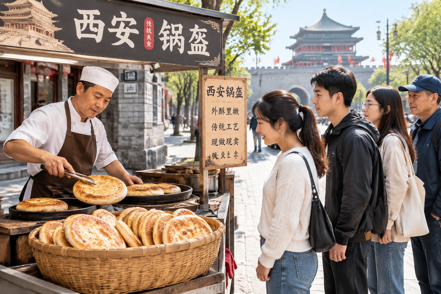 An elderly woman selling traditional Guokui bread from a woven basket on a bustling street corner in Xi'an.