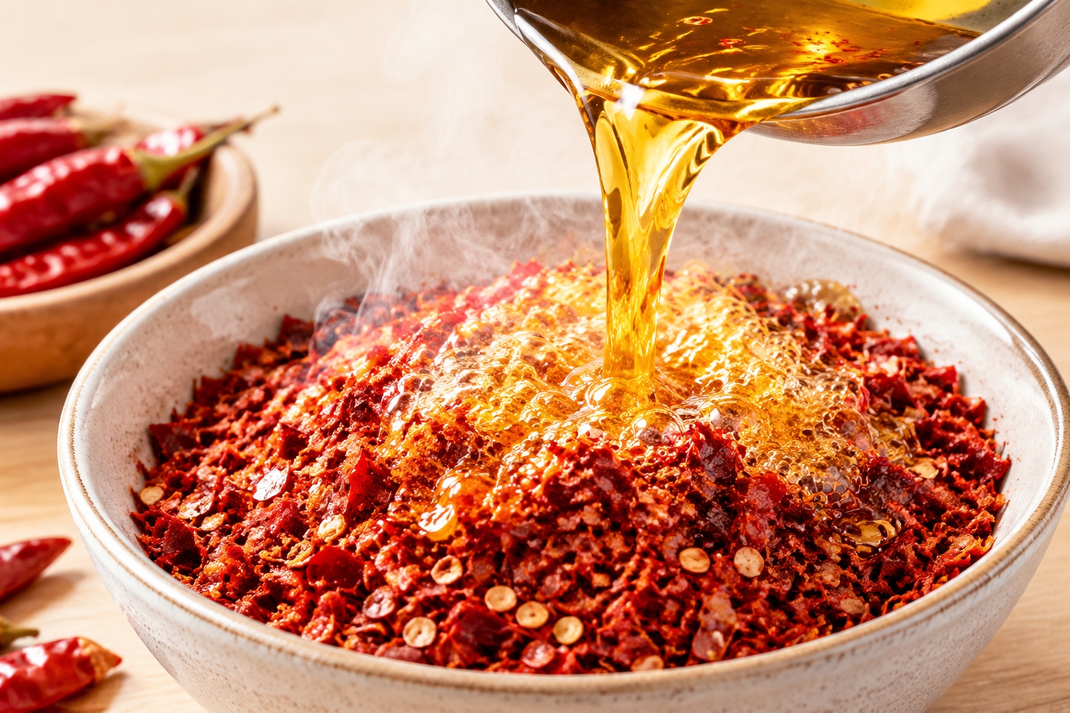 Hot oil sizzling as it is poured onto chili powder to create spicy Shaanxi-style You Po La Zi sauce.