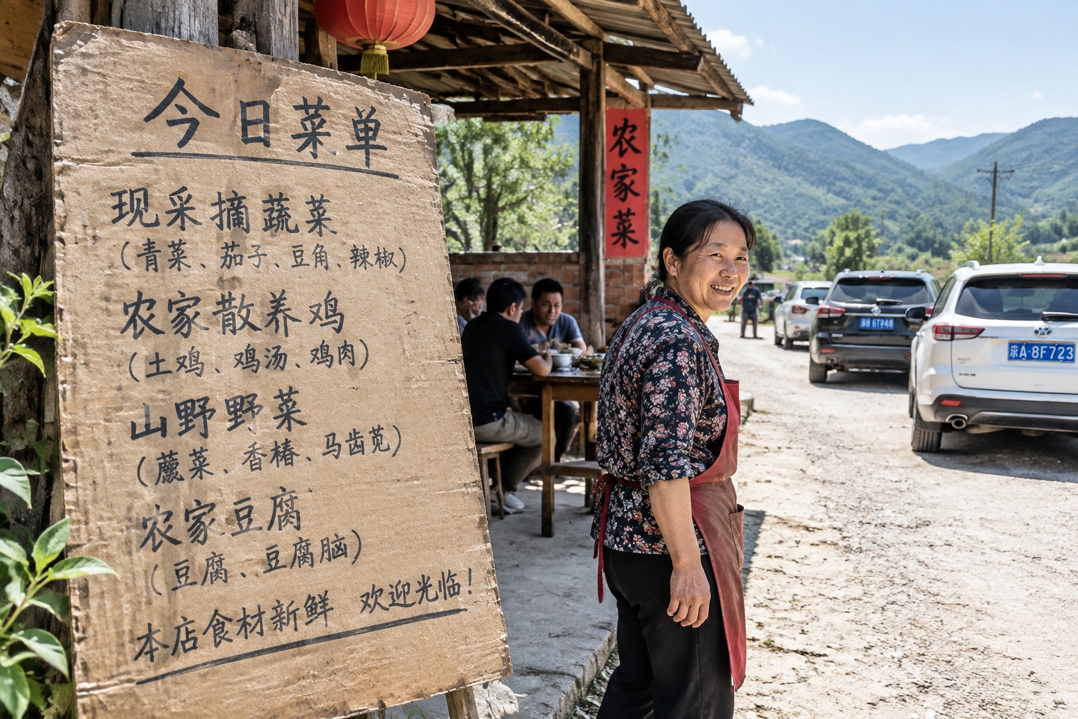 Exploring a 'Nongjiale': Where City Dwellers Hunt for Authentic Countryside Food 22 Handwritten cardboard menu at a rustic Nongjiale farm house restaurant in China showing seasonal vegetables