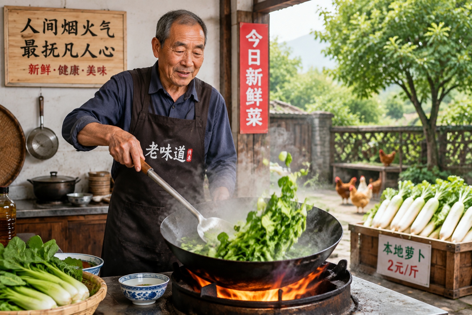Exploring a 'Nongjiale': Where City Dwellers Hunt for Authentic Countryside Food 23 Cook preparing authentic farm food in a traditional wok at a rural Nongjiale restaurant