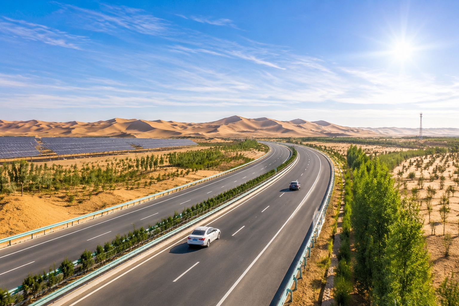 Highway running through Kubuqi Desert showing transition from sand to green vegetation and solar infrastructure