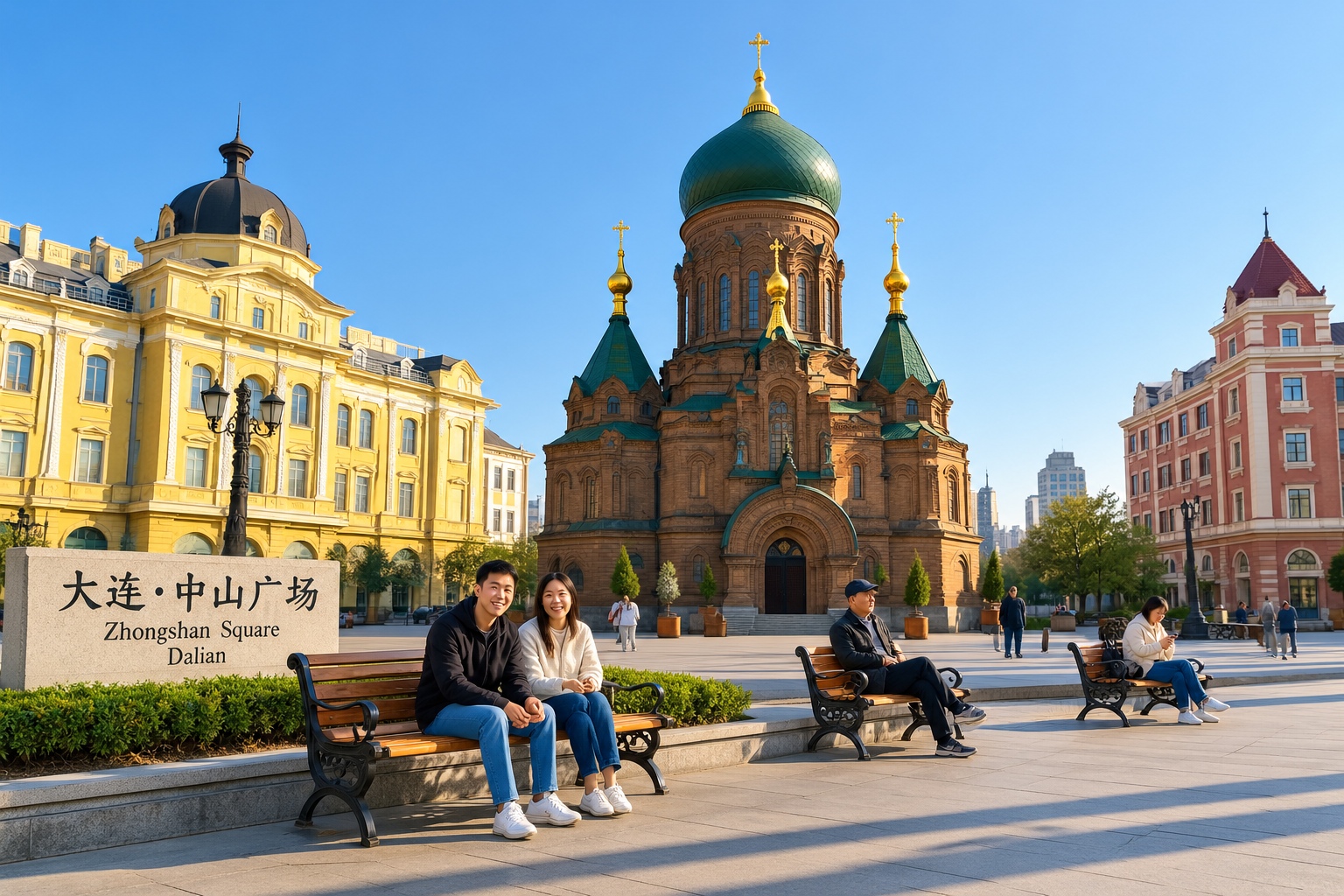 Zhongshan Square in Dalian featuring a Russian Orthodox church with golden onion domes amidst historic yellow and red buildings under a sunny sky