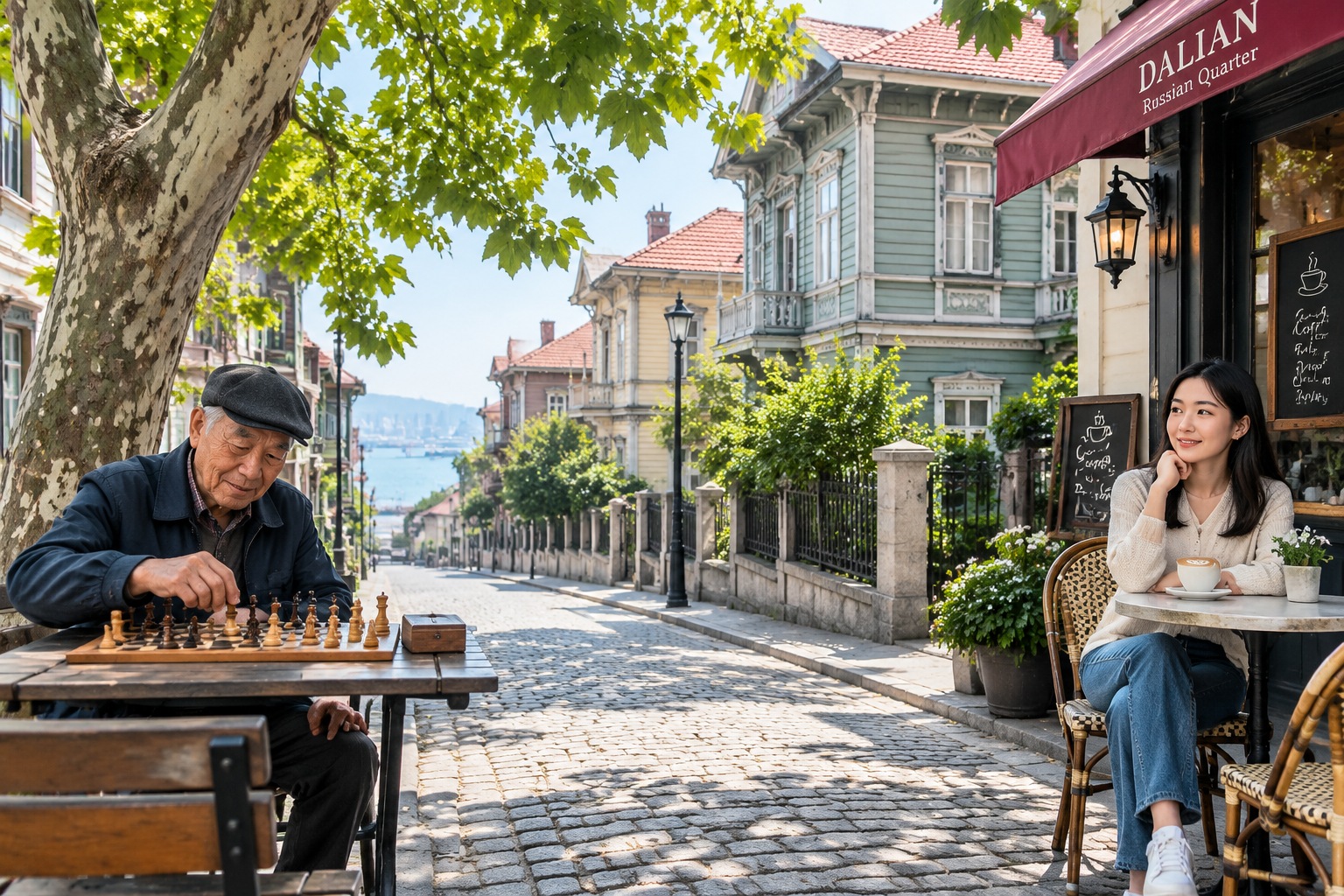 Narrow cobblestone street in Dalian showing wooden villas, locals playing chess, and people enjoying coffee at an outdoor cafe