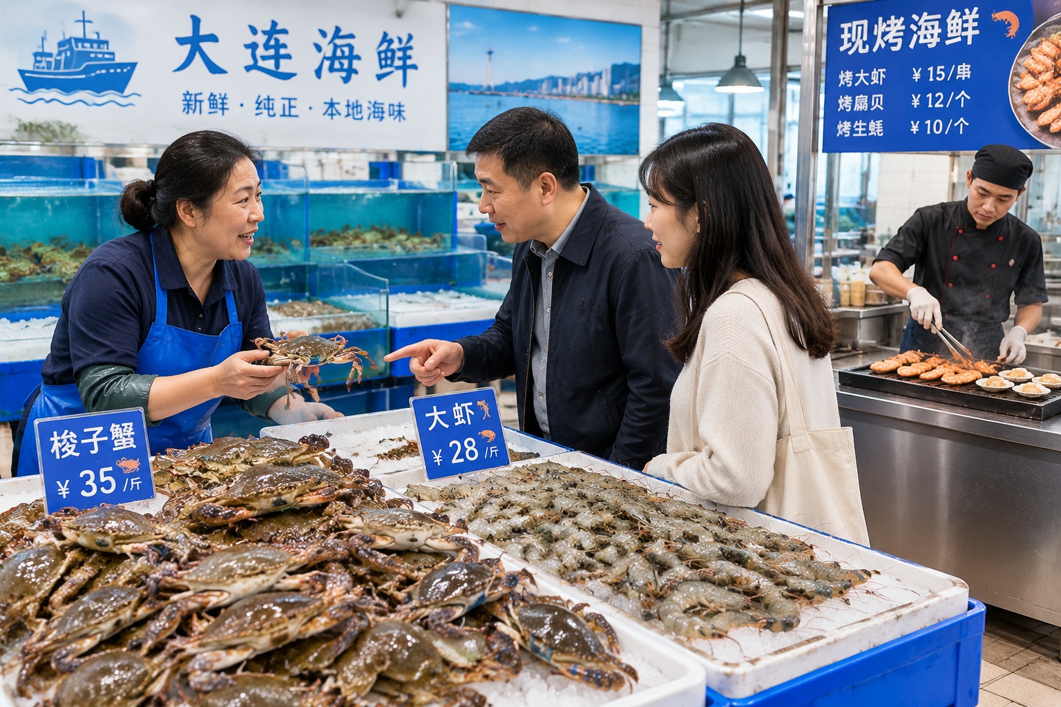 Bustling seafood market in Dalian with piles of fresh crabs and shrimp and locals grilling food at outdoor stalls