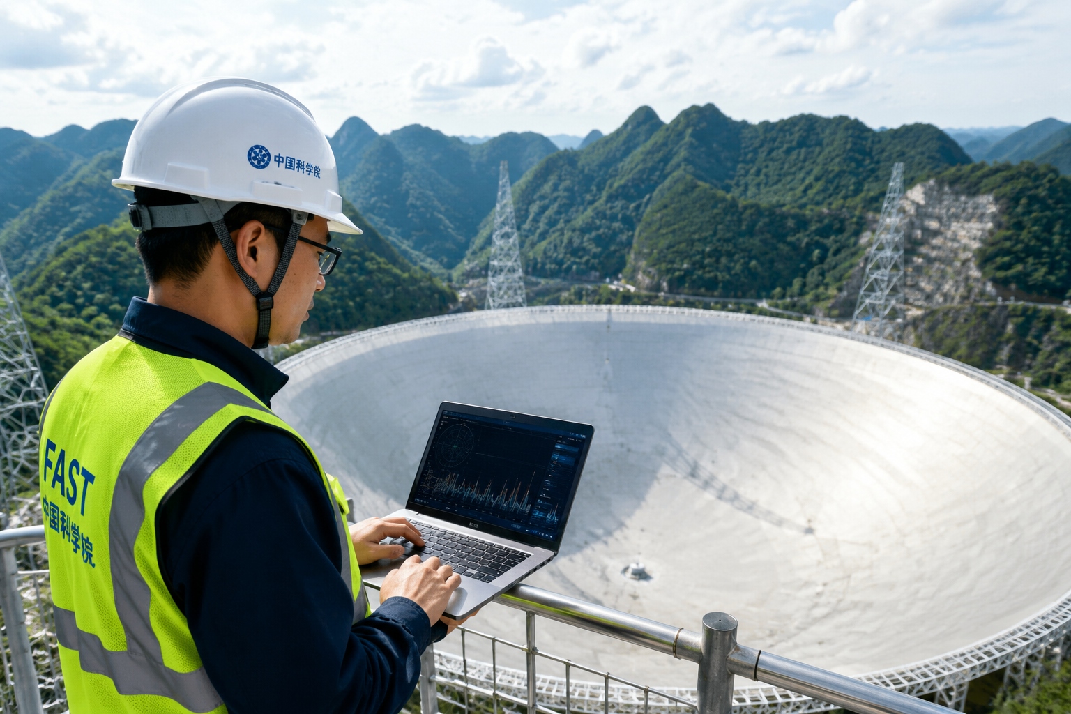 A senior engineer checking radio wave data on a laptop at the FAST telescope site