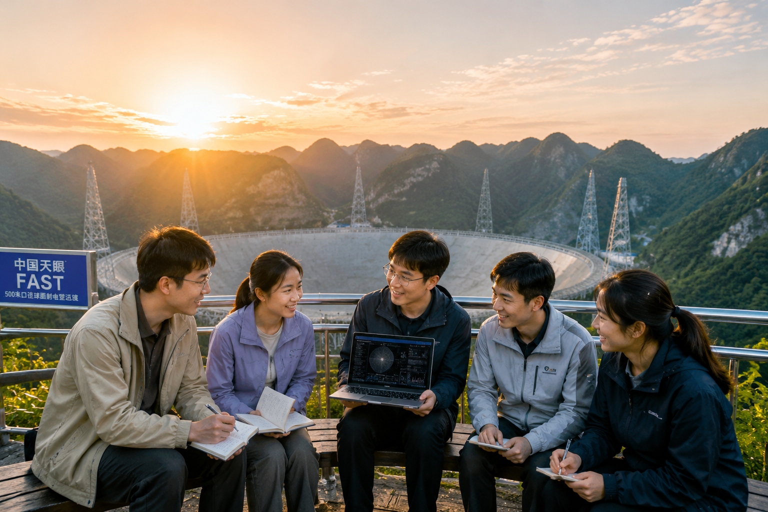 Young Chinese engineers taking a break and discussing their work at the FAST telescope site during sunset