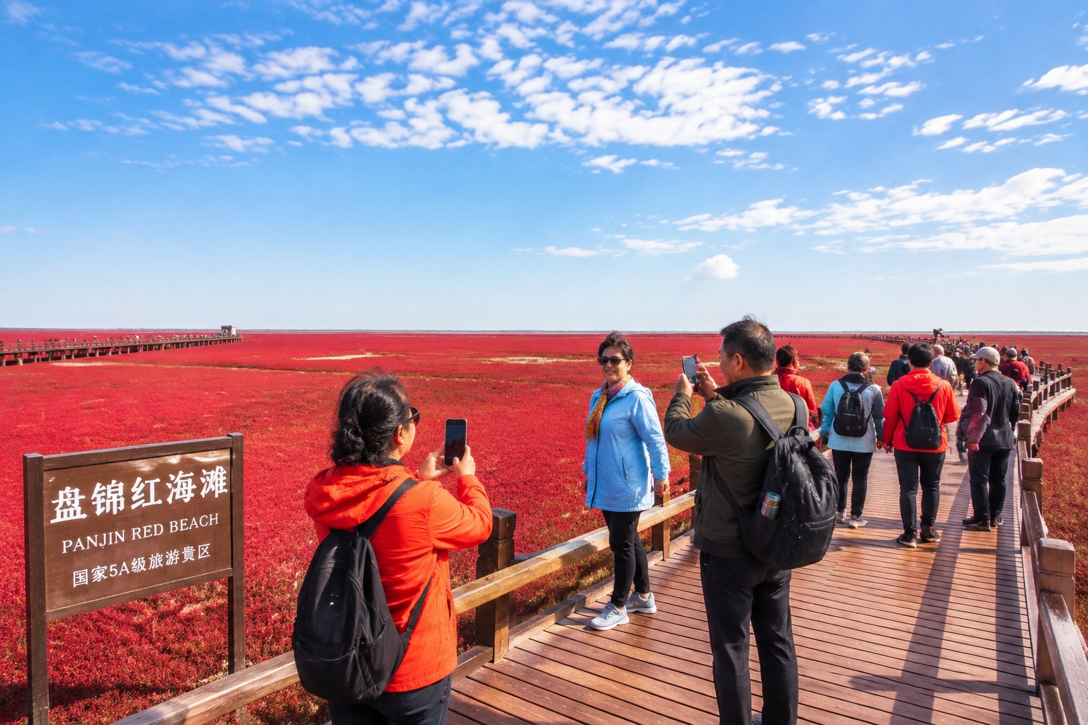 Tourists walking on a wooden boardwalk through the red suaeda plants at Panjin Red Beach, Liaoning province