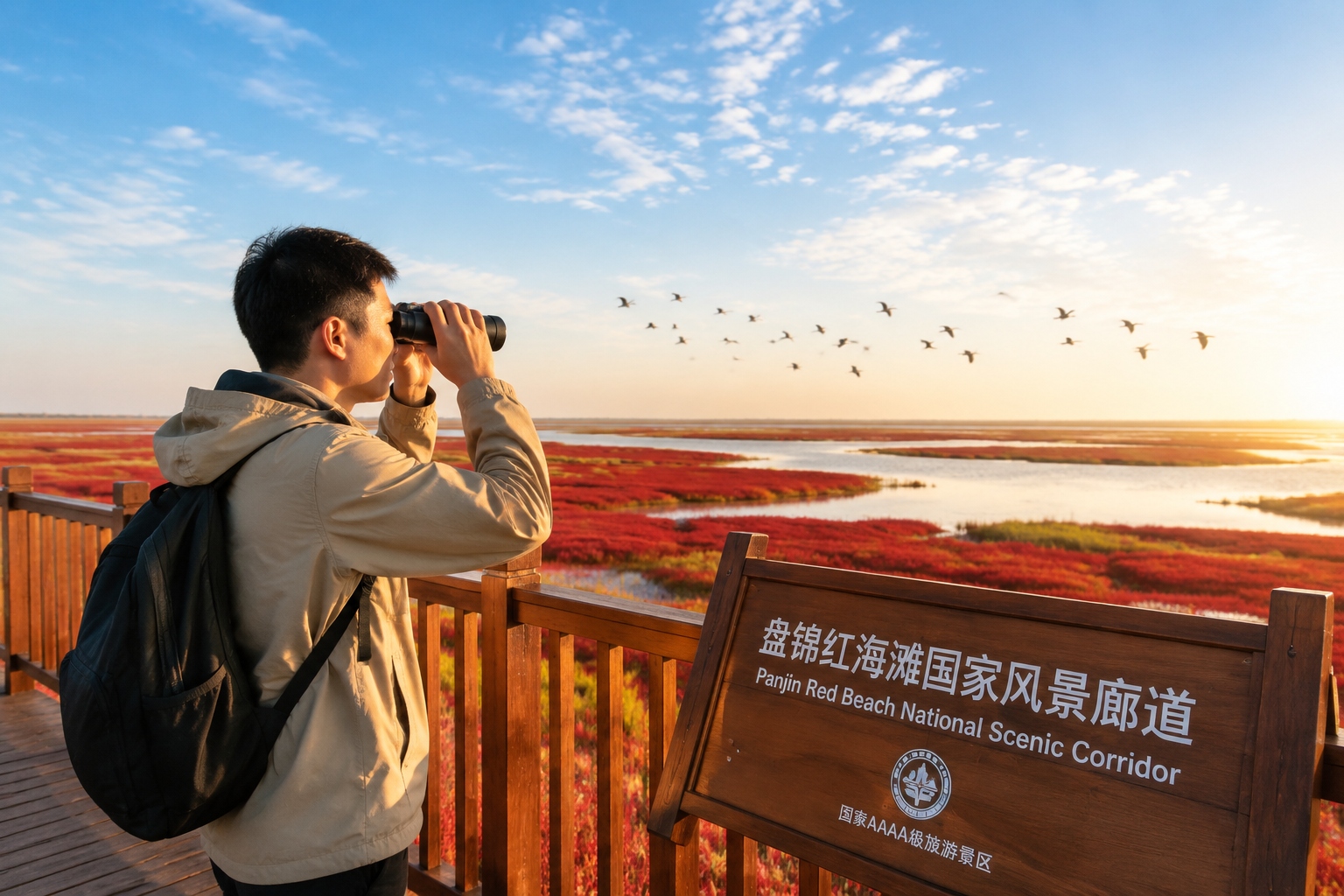 Birdwatcher with binoculars observing migratory birds in the Liaohe Delta wetlands at Panjin Red Beach