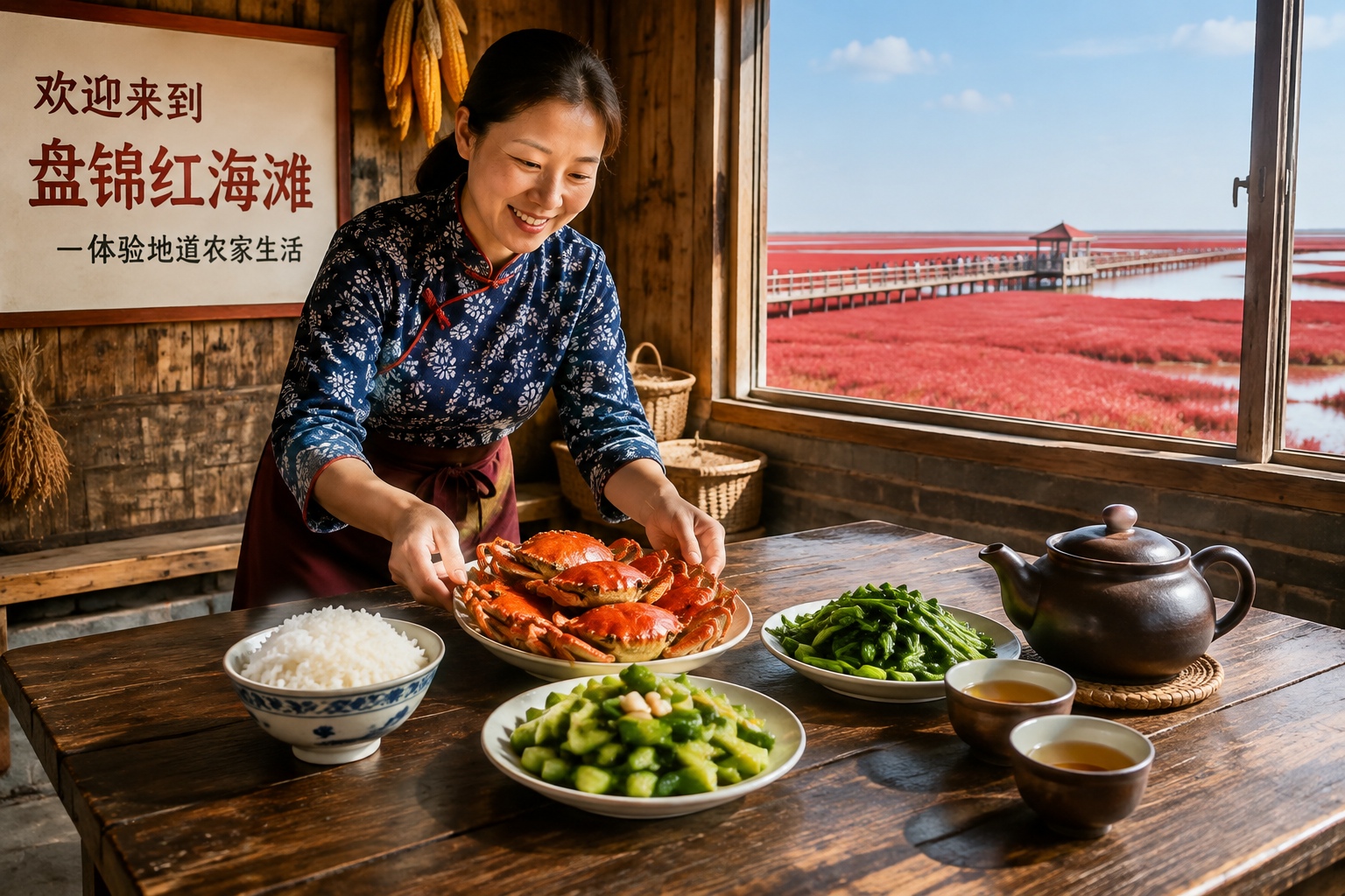 Farmhouse meal with Panjin rice and river crabs served to visitors near the Red Beach scenic area