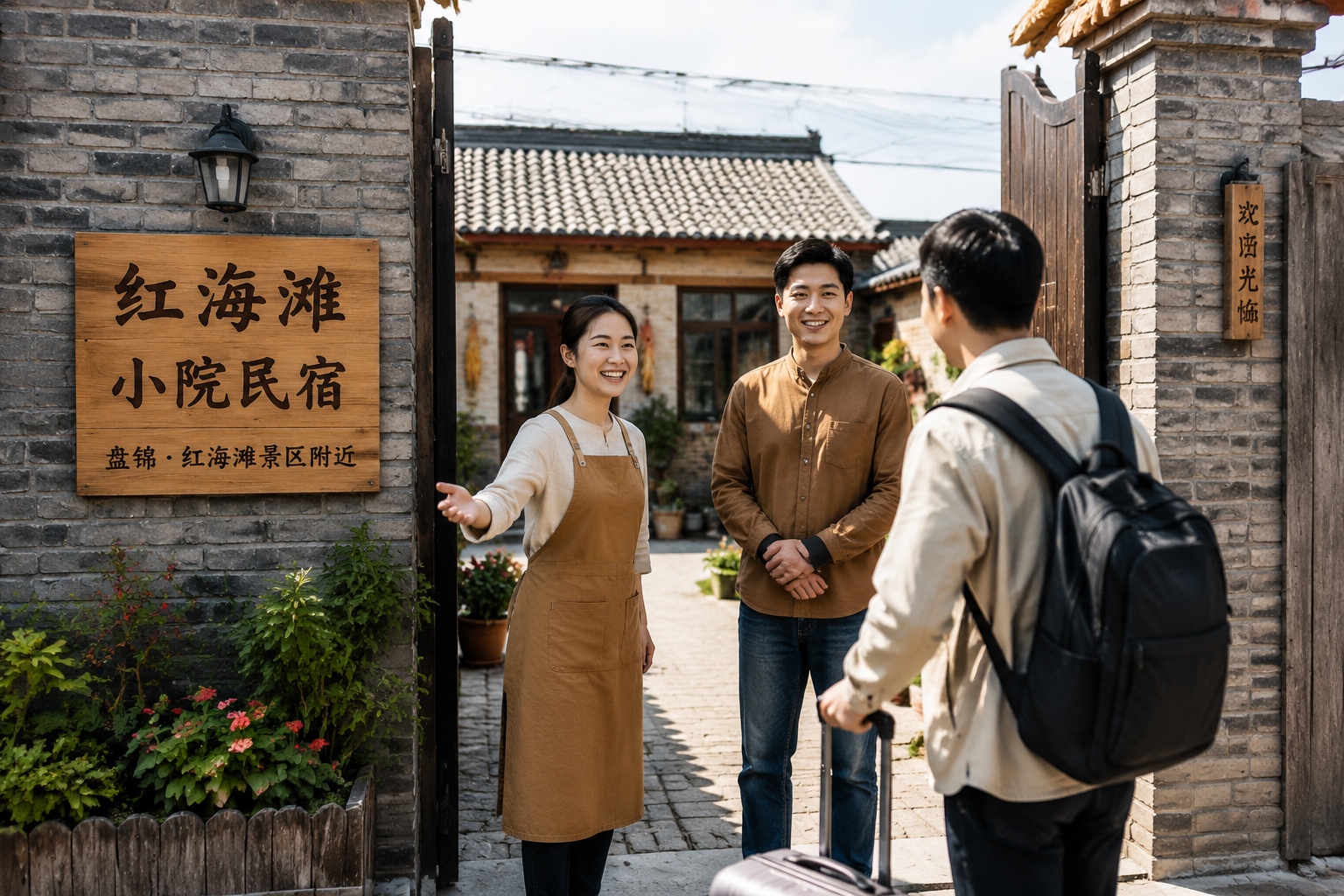 Young local hotel operators greeting guests at a courtyard guesthouse near Panjin Red Beach