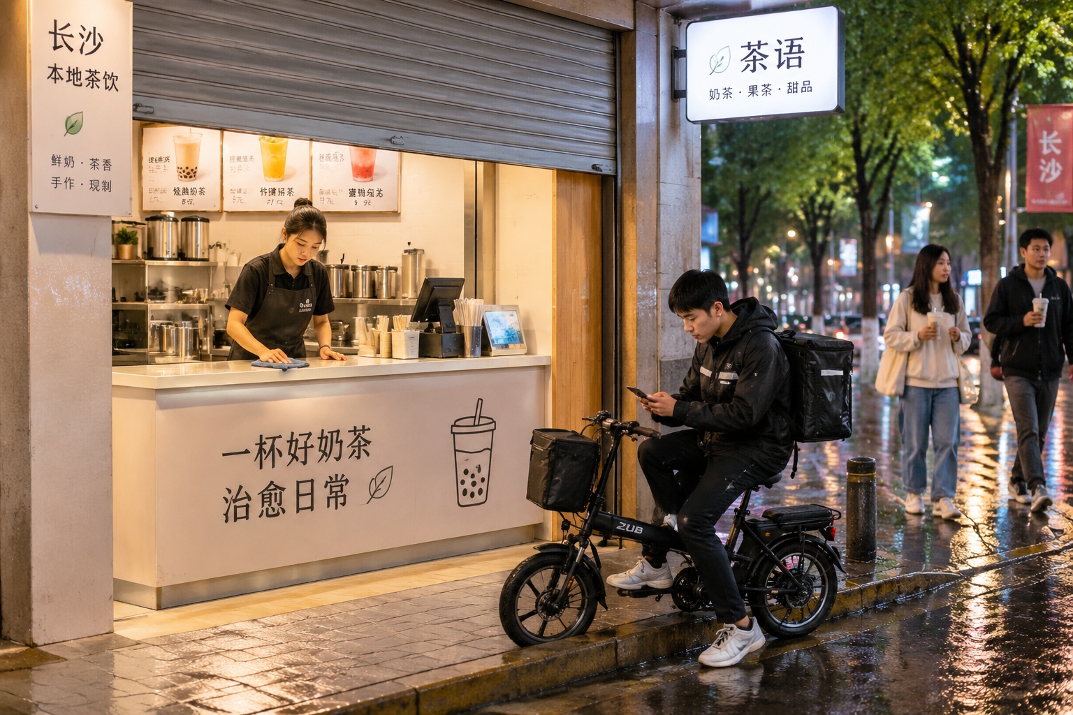 A late-night milk tea shop in Changsha where a young staff member wipes the counter while a designated driver waits outside on a folding e-bike